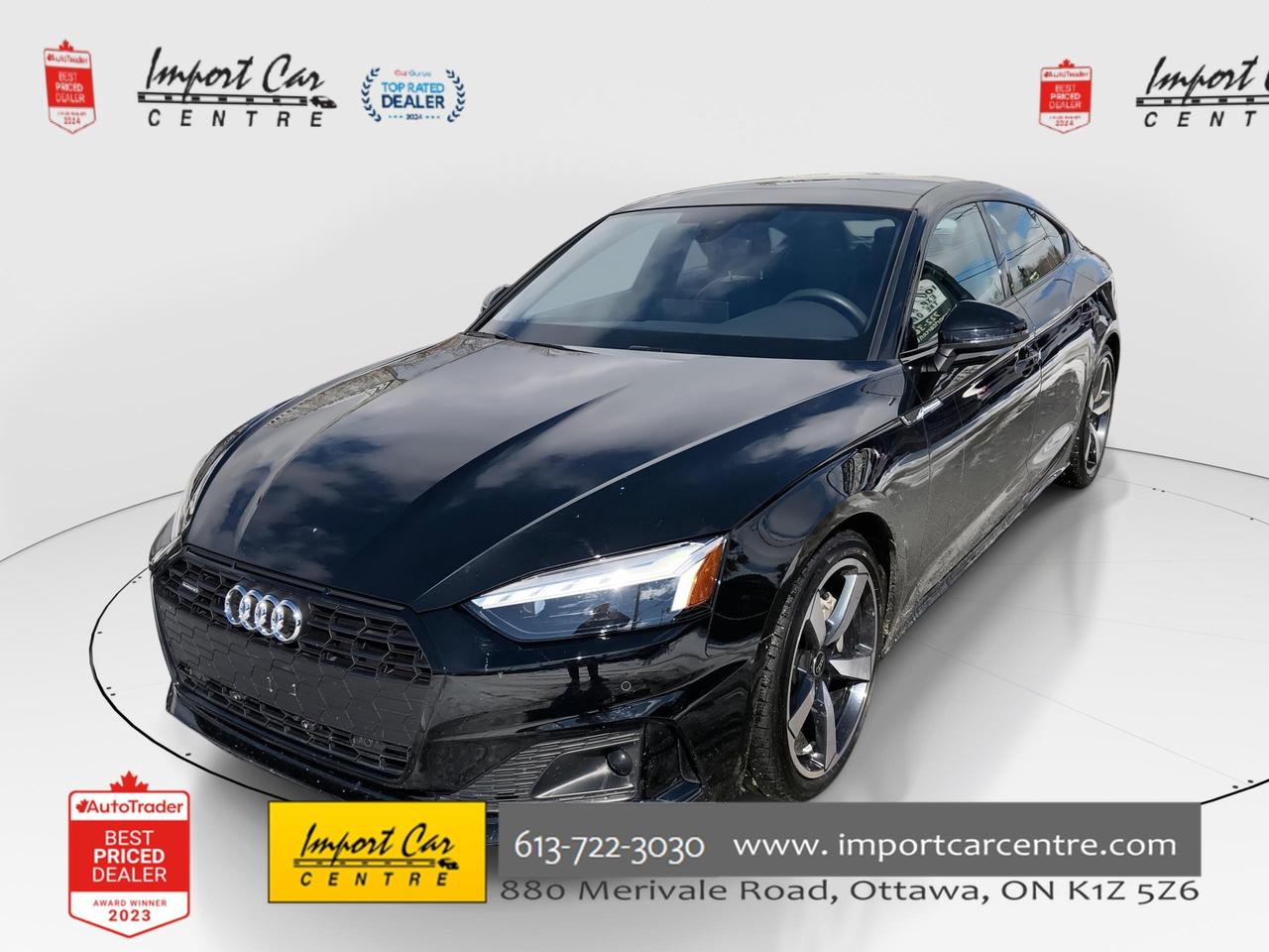 *** OTTAWA&rsquo;S ORIGINAL IMPORT DEALER!!  NO ACCIDENTS * SMETANA APPROVED ***  The Audi A5 Sportback is the perfect blend of European drive, fit, finish, incredible all wheel drive handling and versatility!!  Finished in Mythos Black Metallic with matching black leather seating surfaces, panoramic sunroof, kick access rear hatch, 19 Audi Sport alloys, proximity key. 2 stage seat memory, paddle shifters, speed warning, adaptive cruise control, distance warning, traffic jam assist, Audi pre-sense, Audi side assist, Audi active lane assist, driver alert warning, distraction warning, dual zone climate control system, Audi drive select, start/stop technology, traction control, front and rear park distance control, heated and leather wrapped steering wheel, rear cross traffic assist, Apple Car Play, Android Auto, SiriusXM radio, only 7,131kms all compliment this stunning 2025 Audi A5 Sportback.  Perfection and beyond!!  Home of the Platinum up to 240,000kms warranty and financing is always available O.A.C Import Car Centre, proudly serving the Ottawa and surrounding area for over 45 years. Come down and experience Import Car Centre for yourself and see just why our customers are so happy! 

  Advertised price includes $22 OMVIC fee and $40 Carfax fee; excludes taxes and licensing. #importcarcentre #smetanaapproved #iccs