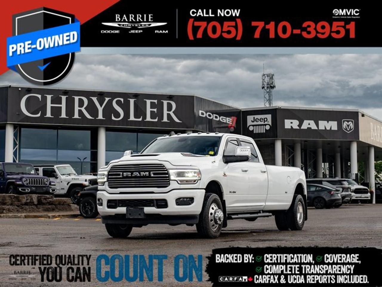 This vehicle is certified. You can trust that each certified vehicle goes through a 150-point inspection by our factory-trained master technicians. Our requirements exceed the provincial regulations of safety standards.With every detail disclosed and every standard met, confidence comes standard.Verified Vehicle History: CarFAX and UCDA reports included.Certified & Serviced: Oil, filters, and wipers replaced before delivery.Warranty You Can Trust: Up to 8 years or 200,000 KM of coverage.Finance Made Simple: Competitive rates for all credit profiles.Easy Exchange Program: Return within 7 days or 500 KM.Thank you for choosing Barrie Chrysler Dodge Jeep Ram, where the easy car-buying experience is all about you! Visit our expansive 50-car indoor showroom and view the hundreds of vehicles available, both on-site and off-site. We are located right in the heart of Barrie, on Dunlop St W, just off of Highway 400. - 395 Dunlop St W, Barrie, ON.We pay cash for cars, even if you don?t buy one from us!Bright White Clearcoat 2023 Ram 3500 Laramie 4D Crew Cab 6.7L Cummins I6 Turbodiesel 6-Speed Automatic 4WDWe utilize real-time third-party software to price our vehicles, ensuring they align with the daily average market price. For that reason, our vehicles are priced competitively.We have over 100 pre-owned vehicles available onsite, with extra off-site inventory available at all times. Prices are plus HST and licensing fee.