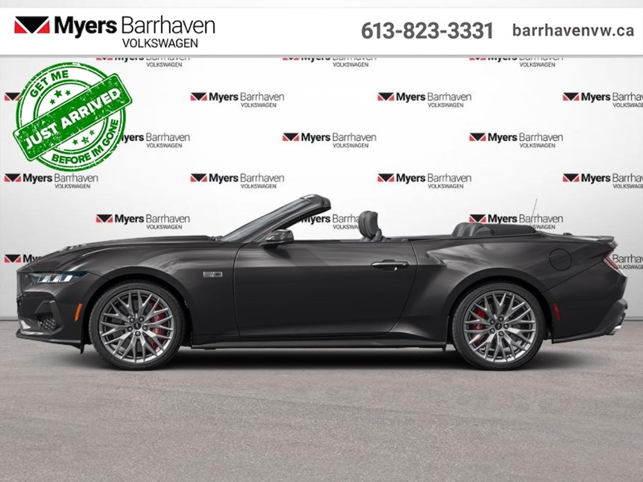 <b>Low Mileage!</b><br> <br> The legacy of combining performance, style, and value continues in this fantastic Ford Mustang. This 2024 Ford Mustang is fresh on our lot in Nepean.<br> <br>From the roar of the engine to its unmistakable style, this all-new Ford Mustang is guaranteed to raise your heart rate and stir your soul. A performance car through and through, this Mustang offers responsive driving dynamics, a comfortable ride and endless smiles by the mile. Its easy to see why the Ford Mustang is still a true American icon.<br> <br>This low mileage convertible has just 21,280 km. Its Dark Matter Grey Metallic in colour. It has a Manual transmission and is powered by a smooth engine. <br> <br> Our Mustangs trim level is GT Premium Convertible. With even more performance, this Mustang GT Premium Convertible comes with an uprated powertrain and a lip spoiler, along with heated and ventilated seats with ActiveX upholstery, a heated steering wheel, dual-zone climate control, upgraded aluminum wheels and an upgraded 9-speaker audio system. The great standard features continue with LED headlights, smart device remote engine start, FordPass Connect tracking, smart device integration, and a dazzling 13.2-inch touchscreen with SYNC 4.0 QNX. Safety features include blind spot detection, lane keeping assist with lane departure warning, automatic emergency braking, and front and rear collision mitigation.<br> To view the original window sticker for this vehicle view this <a href=http://www.windowsticker.forddirect.com/windowsticker.pdf?vin=1FAGP8FF1R5103602 target=_blank>http://www.windowsticker.forddirect.com/windowsticker.pdf?vin=1FAGP8FF1R5103602</a>. <br/><br> <br>To apply right now for financing use this link: <a href=https://www.barrhavenvw.ca/financing-request/ target=_blank>https://www.barrhavenvw.ca/financing-request/</a><br> <br/>Buy this vehicle now for the lowest bi-weekly payment of <b>$444.75</b> with $0 down for 84 months @ 8.99% APR O.A.C. ((Plus applicable taxes and fees - Some conditions apply to get approved at the mentioned rate) ). See dealer for details. <br><br>We are your premier Volkswagen dealership in the region. If youre looking for a new Volkswagen or a car, check out Barrhaven Volkswagens new, pre-owned, and certified pre-owned Volkswagen inventories. We have the complete lineup of new Volkswagen vehicles in stock like the GTI, Golf R, Jetta, Tiguan, Atlas Cross Sport, Volkswagen ID.4 electric vehicle, and Atlas. If you cant find the Volkswagen model youre looking for in the colour that you want, feel free to contact us and well be happy to find it for you. If youre in the market for pre-owned cars, make sure you check out our inventory. If you see a car that you like, contact 844-914-4805 to schedule a test drive.<br> Come by and check out our fleet of 50+ used cars and trucks and 130+ new cars and trucks for sale in Nepean.  o~o