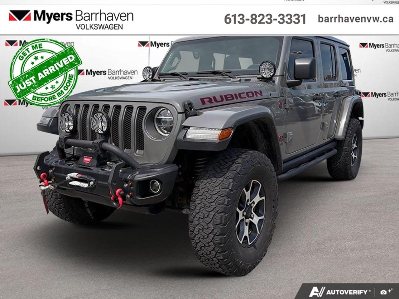 <b>Low Mileage, Off Road Ready,  Dana Axles,  Rock-Trac Transfer Case,  Uconnect,  Aluminum Wheels!</b><br> <br> 4 doors means you can fit your whole family, Wrangler means it can get your family anywhere. This 2019 Jeep Wrangler Unlimited is fresh on our lot in Nepean.<br> <br>This Wrangler Unlimited is by no means less capable for having 4 doors. Its just able to carry more people and gear. Whether your familys next adventure is across a mountain pass, through a muddy trail, or just down the highway to Grandmas, this Wrangler Unlimited has you covered.<br> <br>This low mileage SUV has just 74,314 km. Its Granite Crystal Metallic in colour. It has an Automatic transmission and is powered by a 285HP 3.6L V6 Cylinder Engine. It may have some remaining factory warranty, please check with dealer for details. <br> <br> Our Wrangler Unlimiteds trim level is Rubicon. This 4 door Wrangler Rubicon Unlimited gets a special Rubicon hood decal to mark you out, plus skid plates, tool kit, two front tow hooks and one rear, Dana axles, Rock-Trac two speed transfer case, shift on the fly 4x4 system, performance suspension, fog lights, automatic headlamps, and aluminum wheels to take on the trail. For the drive to the trail head you get heated power side mirrors, 7 inch customizable instrument display, rear view camera, illuminated cup holders, leather steering wheel with audio and cruise control, remote keyless entry, power windows, 115 volt power outlet, and automatic climate control for comfort, plus Uconnect 4 with 7 inch touchscreen, Apple CarPlay, Android Auto, SiriusXM, Bluetooth, 4 USBs and and aux jack, ambient interior LED lighting, and 8 speakers to keep you connected on the way. This vehicle has been upgraded with the following features: Off Road Ready, Dana Axles, Rock-Trac Transfer Case, Uconnect, Aluminum Wheels, Android Auto, Apple CarPlay.<br> To view the original window sticker for this vehicle view this <a href=http://www.chrysler.com/hostd/windowsticker/getWindowStickerPdf.do?vin=1C4HJXFG2KW665351 target=_blank>http://www.chrysler.com/hostd/windowsticker/getWindowStickerPdf.do?vin=1C4HJXFG2KW665351</a>. <br/><br> <br>To apply right now for financing use this link: <a href=https://www.barrhavenvw.ca/financing-request/ target=_blank>https://www.barrhavenvw.ca/financing-request/</a><br> <br/>Buy this vehicle now for the lowest bi-weekly payment of <b>$290.60</b> with $0 down for 84 months @ 9.99% APR O.A.C. ((Plus applicable taxes and fees - Some conditions apply to get approved at the mentioned rate) ). See dealer for details. <br><br>We are your premier Volkswagen dealership in the region. If youre looking for a new Volkswagen or a car, check out Barrhaven Volkswagens new, pre-owned, and certified pre-owned Volkswagen inventories. We have the complete lineup of new Volkswagen vehicles in stock like the GTI, Golf R, Jetta, Tiguan, Atlas Cross Sport, Volkswagen ID.4 electric vehicle, and Atlas. If you cant find the Volkswagen model youre looking for in the colour that you want, feel free to contact us and well be happy to find it for you. If youre in the market for pre-owned cars, make sure you check out our inventory. If you see a car that you like, contact 844-914-4805 to schedule a test drive.<br> Come by and check out our fleet of 50+ used cars and trucks and 130+ new cars and trucks for sale in Nepean.  o~o