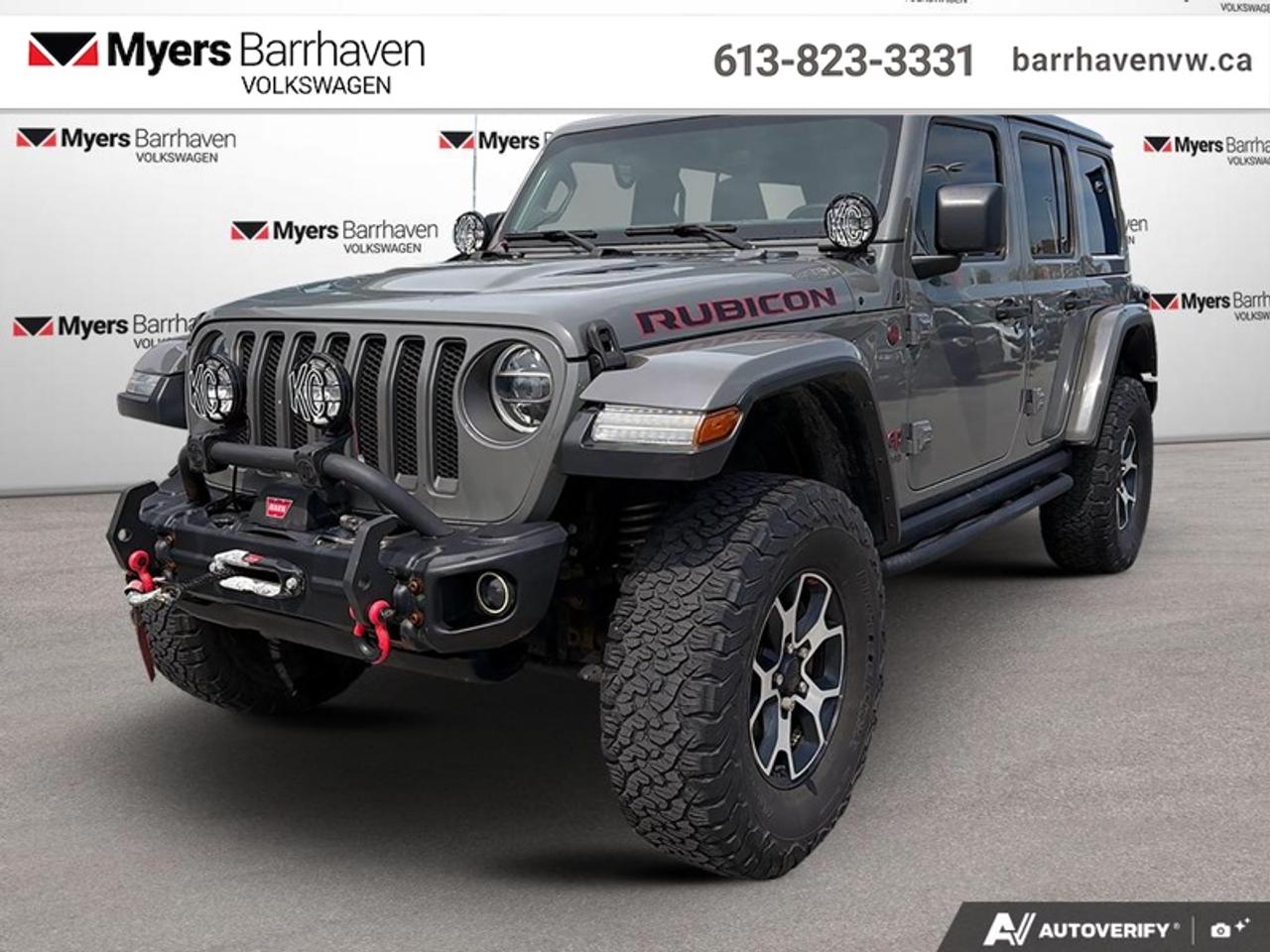<b>Low Mileage, Off Road Ready,  Dana Axles,  Rock-Trac Transfer Case,  Uconnect,  Aluminum Wheels!</b><br> <br> 4 doors means you can fit your whole family, Wrangler means it can get your family anywhere. This 2019 Jeep Wrangler Unlimited is for sale today in Nepean.<br> <br>This Wrangler Unlimited is by no means less capable for having 4 doors. Its just able to carry more people and gear. Whether your familys next adventure is across a mountain pass, through a muddy trail, or just down the highway to Grandmas, this Wrangler Unlimited has you covered.<br> <br>This low mileage SUV has just 74,314 km. Its Granite Crystal Metallic in colour. It has an Automatic transmission and is powered by a 285HP 3.6L V6 Cylinder Engine. It may have some remaining factory warranty, please check with dealer for details. <br> <br> Our Wrangler Unlimiteds trim level is Rubicon. This 4 door Wrangler Rubicon Unlimited gets a special Rubicon hood decal to mark you out, plus skid plates, tool kit, two front tow hooks and one rear, Dana axles, Rock-Trac two speed transfer case, shift on the fly 4x4 system, performance suspension, fog lights, automatic headlamps, and aluminum wheels to take on the trail. For the drive to the trail head you get heated power side mirrors, 7 inch customizable instrument display, rear view camera, illuminated cup holders, leather steering wheel with audio and cruise control, remote keyless entry, power windows, 115 volt power outlet, and automatic climate control for comfort, plus Uconnect 4 with 7 inch touchscreen, Apple CarPlay, Android Auto, SiriusXM, Bluetooth, 4 USBs and and aux jack, ambient interior LED lighting, and 8 speakers to keep you connected on the way. This vehicle has been upgraded with the following features: Off Road Ready, Dana Axles, Rock-Trac Transfer Case, Uconnect, Aluminum Wheels, Android Auto, Apple CarPlay.<br> To view the original window sticker for this vehicle view this <a href=http://www.chrysler.com/hostd/windowsticker/getWindowStickerPdf.do?vin=1C4HJXFG2KW665351 target=_blank>http://www.chrysler.com/hostd/windowsticker/getWindowStickerPdf.do?vin=1C4HJXFG2KW665351</a>. <br/><br> <br>To apply right now for financing use this link: <a href=https://www.barrhavenvw.ca/financing-request/ target=_blank>https://www.barrhavenvw.ca/financing-request/</a><br> <br/>Buy this vehicle now for the lowest bi-weekly payment of <b>$260.01</b> with $0 down for 84 months @ 9.99% APR O.A.C. ((Plus applicable taxes and fees - Some conditions apply to get approved at the mentioned rate) ). See dealer for details. <br><br>We are your premier Volkswagen dealership in the region. If youre looking for a new Volkswagen or a car, check out Barrhaven Volkswagens new, pre-owned, and certified pre-owned Volkswagen inventories. We have the complete lineup of new Volkswagen vehicles in stock like the GTI, Golf R, Jetta, Tiguan, Atlas Cross Sport, Volkswagen ID.4 electric vehicle, and Atlas. If you cant find the Volkswagen model youre looking for in the colour that you want, feel free to contact us and well be happy to find it for you. If youre in the market for pre-owned cars, make sure you check out our inventory. If you see a car that you like, contact 844-914-4805 to schedule a test drive.<br> Come by and check out our fleet of 40+ used cars and trucks and 110+ new cars and trucks for sale in Nepean.  o~o