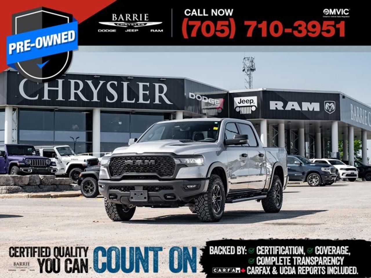 This vehicle is certified. You can trust that each certified vehicle goes through a 150-point inspection by our factory-trained master technicians. Our requirements exceed the provincial regulations of safety standards.With every detail disclosed and every standard met, confidence comes standard.Verified Vehicle History: CarFAX and UCDA reports included.Certified & Serviced: Oil, filters, and wipers replaced before delivery.Warranty You Can Trust: Up to 8 years or 200,000 KM of coverage.Finance Made Simple: Competitive rates for all credit profiles.Easy Exchange Program: Return within 7 days or 500 KM.Thank you for choosing Barrie Chrysler Dodge Jeep Ram, where the easy car-buying experience is all about you! Visit our expansive 50-car indoor showroom and view the hundreds of vehicles available, both on-site and off-site. We are located right in the heart of Barrie, on Dunlop St W, just off of Highway 400. - 395 Dunlop St W, Barrie, ON.We pay cash for cars, even if you dont buy one from us!Silver 2025 Ram 1500 Sport/Rebel 4D Crew Cab 3.0L I6 8-Speed Automatic 4WDWe utilize real-time third-party software to price our vehicles, ensuring they align with the daily average market price. For that reason, our vehicles are priced competitively.We have over 100 pre-owned vehicles available onsite, with extra off-site inventory available at all times. Prices are plus HST and licensing fee.Awards:* Motor Trend Automobiles of the year