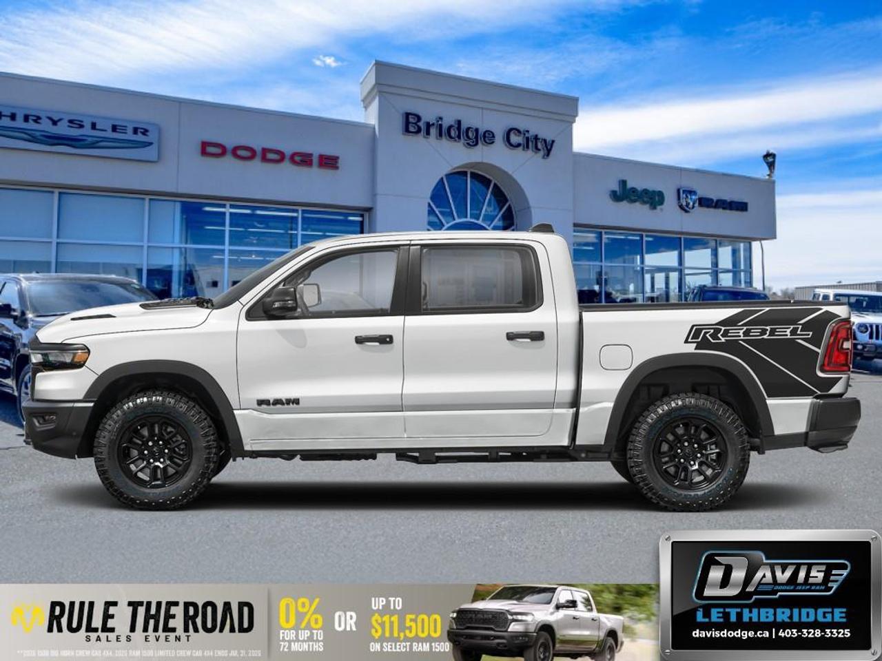 <b>Off-Road Suspension, Navigation, Apple CarPlay, Android Auto, 360 Camera!</b><br /> <br /> Dominate workdays and weekends alike with the 2026 Ram 1500, where capability meets class.<br /> <br />The Ram 1500's unmatched luxury transcends traditional pickups without compromising its capability. Loaded with best-in-class features, it's easy to see why the Ram 1500 is so popular. With the most towing and hauling capability in a Ram 1500, as well as improved efficiency and exceptional capability, this truck has the grit to take on any task.<br /> <br />This Bright White Crew Cab 4X4 pickup has an Automatic transmission and is powered by a 395HP 5.7L 8 Cylinder Engine. <br /> <br /> Our 1500's trim level is Rebel. This Ram 1500 in the Rebel trim offers off-roading suspension with Bilstein dampers, and rewards you with a leather-wrapped heated steering wheel, a 360 camera system, a 10-speaker Alpine audio, and a 12-inch infotainment screen with inbuilt navigation, Apple CarPlay and Android Auto, and 4G LTE Wi-Fi hotspot. Additional features include class IV towing equipment, black off-road wheels with black fender flares, power adjustable pedals, intersection collision assist, evasion assist, lane keep assist with lane departure warning, and even more! This vehicle has been upgraded with the following features: Off-Road Suspension, Navigation, Apple CarPlay, Android Auto, 360 Camera, Heated Steering Wheel, Adaptive Cruise Control.<br /><br /> <br />To apply right now for financing use this link: <a href=https://lethbridge.davisdodge.ca/free-credit-check/ target=_blank rel=nofollow noopener noreferrer>https://lethbridge.davisdodge.ca/free-credit-check/</a><br /> <br /><br />As a premier Chrysler, Dodge, Jeep and RAM dealership, Davis Dodge proudly offers an extensive selection of new and used vehicles to meet every drivers needs. Customers across Lethbridge, Fort Macleod, Taber, Claresholm, Coaldale, and beyond trust us for daily vehicle specials, certified service and parts, and a seamless online inventory experience. <br /><br /> With competitive financing options and expert support, we make car buying easy and enjoyable. <br /><br /> Ready to hit the road? Schedule your test drive today at Davis Dodge, your trusted Chrysler, Dodge, Jeep and RAM dealer in Lethbridge, Alberta.<br /><br /> Vehicle pricing offer shown expires 2026-07-31. <br /> Come by and check out our fleet of 40+ used cars and trucks and 110+ new cars and trucks for sale in Lethbridge. o~o