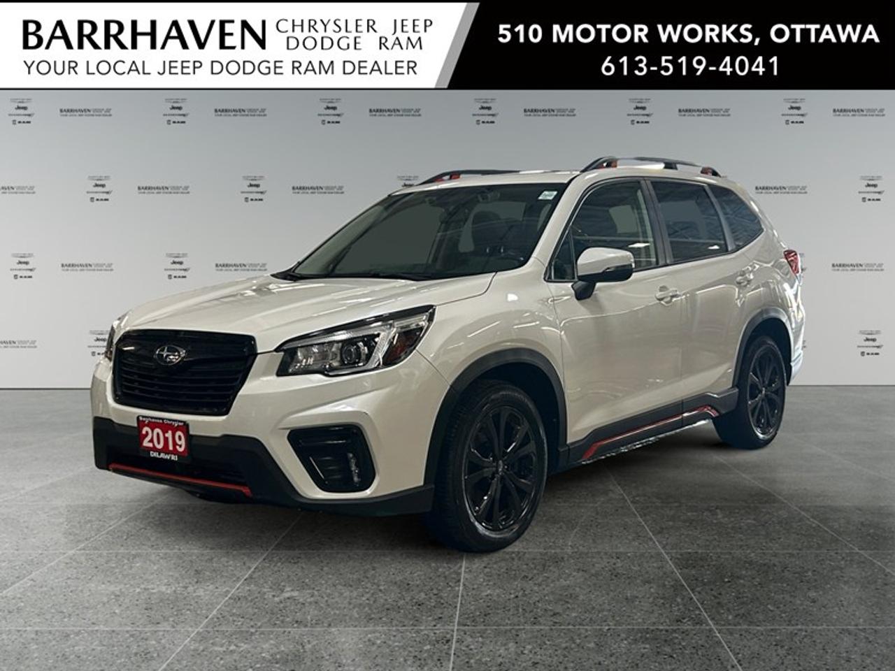 Discover the 2019 Subaru Forester Sport in a classic white finish, equipped with an all-wheel-drive system designed for exceptional handling and performance. This SUV promises to offer both style and functionality, making it a perfect choice for the adventurous family or the urban professional. The exterior boasts a sporty stance complemented by sleek alloy wheels and a functional sunroof, perfect for enjoying sunny days. Inside, youll find comfort is paramount with heated front seats and a leather steering wheel, ensuring every drive is comfortable and enjoyable. The leather/metal-look gear shifter adds a touch of class, while the spacious interior offers ample room for passengers and cargo. Technologically advanced, this Forester is equipped with a host of features including a backup camera for safekeeping during reversing maneuvers, and smart device integration to keep you connected on the go. Safety is at the forefront with Subarus EyeSight Driver Assist Technology, providing adaptive cruise control, lane assist, and brake assist. Youll find convenience at your fingertips with the keyless entry system, power seats, and windows that enhance your driving experience. Ideal for those who value safety, technology, and performance in an SUV, the 2019 Subaru Forester 2.5i Sport with EyeSight Package is your gateway to a superior driving experience. Contact Barrhaven Jeep Dodge Chrysler Ram today to learn more and take a test drive.
