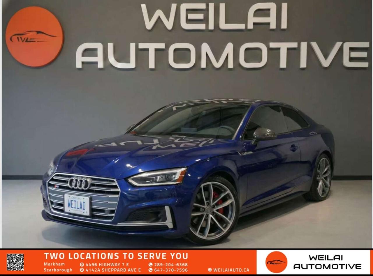 Quattro AWD | 354 HP Turbo V6 | Audi Virtual Cockpit | Bang & Olufsen 3D Sound | Top View Camera | Low credit? No credit? Established Credit? We accept ALL!!! - Contact Us Today!Test Drive the 2018 Audi S5 Coupe Technik Today! This vehicle represents the pinnacle of the S5 lineup, blending aggressive performance with the sophisticated luxury of the top-tier Technik trim. It is an exhilarating daily driver that offers precise handling, a roaring turbocharged engine, and a cabin filled with the highest quality materials and cutting-edge technology. <br/> Performance: <br/> Engine: 3.0L TFSI Turbocharged V6 <br/> Horsepower: 354 hp <br/> Torque: 369 lb-ft <br/> Transmission: 8-Speed Tiptronic Automatic <br/> Drivetrain: Quattro All-Wheel Drive <br/> Exterior: <br/> 19-inch 5-spoke Cavo design alloy wheels <br/> LED headlights with daytime running lights and dynamic range adjustment <br/> LED taillights with dynamic turn signals <br/> S-specific front and rear bumpers with quad exhaust tips <br/> Power-folding, auto-dimming, and heated exterior mirrors with memory <br/> Rain-sensing windshield wipers <br/> Interior: <br/> Fine Nappa leather interior with diamond stitching <br/> S Sport seats with pneumatic massage function <br/> Heated front seats with memory function for driver <br/> Carbon Atlas inlays <br/> Panoramic glass sunroof <br/> Three-zone automatic climate control <br/> Ambient interior lighting package custom <br/> Technology: <br/> Audi Virtual Cockpit 12.3-inch digital instrument cluster <br/> MMI Navigation Plus with 8.3-inch display and touch response <br/> Bang & Olufsen 3D Sound System with 19 speakers <br/> Apple CarPlay and Android Auto smartphone integration <br/> Head-Up Display <br/> Top View Camera system with 360-degree view <br/> Bluetooth interface and SiriusXM satellite radio <br/> Safety: <br/> Audi Side Assist blind spot monitoring <br/> Audi Pre Sense City <br/> Rear Cross Traffic Alert <br/> Exit Warning System <br/> Parking System Plus with front and rear sensors <br/> Electronic Stability Control <br/> Approximate Fuel Efficiency: <br/> City: 11.5 L/100 km <br/> Highway: 8.0 L/100 km! <br/> This high-performance coupe is in high demand and will not last long on our lot. Visit Weilai Automotive Inc. in Markham immediately or contact us now to schedule your exclusive test drive before this S5 Technik is sold! <br/> FINANCING: At Weilai Automotive Inc., were all about giving everyone a fair shot at owning a quality vehicle, no matter their credit history. Whether youre grappling with credit challenges or have a stellar credit record, we have financing options that cater to you. Your specific financing terms will depend on various factors, including your credit rating. For a personalized finance consultation, a signed consent form is needed. Reach out to schedule your appointment today. <br/> WEILAI CERTIFIED PRE-OWNED PROGRAM:* <br/> Full Detailing Package <br/> Comprehensive Certification Package <br/> Safety Certification <br/> Financing Available <br/> Extended Warranty Available <br/> Available for only $899 <br/> *Weilai Certified Pre-Owned Program includes: Full interior detailing, full exterior detailing, meticulous vehicle reconditioning. A comprehensive 60-point safety inspection with additional standards. For example, tire and brake treads must be a minimum of 3.5 mm which is 233% of the Ontario standard of 1.5 mm. Access to a large network of lenders to give you the best approval guaranteed. Option to extend the warranty for up to an additional 6 years for an additional fee. <br/> CARFAX REPORT: We believe in full transparency. All vehicles come with a FREE Carfax report. Please visit our listing on weilaiauto.ca or autotrader.ca to obtain your free Carfax report. <br/> CONTACT NOW: We welcome customers from all over the GTA, including Markham, Scarborough, Barrie, Stouffville, Toronto, Richmond Hill, East Gwillimbury, Aurora, North York, East York, Whitby, Brampton, and the surrounding area. Ready to take the next step? Book an appointment, get more info, or get in touch by calling 289-204-6368 or emailing us at salesmanagers@weilaiauto.ca. <br/> FEE DISCLOSURE: Price does not include safety certification, HST, or licensing fees. Safety certification available, see the Weilai Certified Pre-Owned Program for details. <br/> FINANCE SPECIAL PRICE ONLY: Pricing is based on financing. The listed price includes a $1,000 finance rebate. Choosing an alternative payment method may disqualify this rebate. <br/> VEHICLE CONDITION: The vehicle has been inspected and reconditioned to a premium pre-owned condition and is ready to be test-driven. However, to comply with OMVICs disclosure requirements, please note that this unit is not currently drivable and not certified until it undergoes safety certification. <br/> DISCLAIMERS: Please note that these details are based on the typical specifications for a given year, make, and model, and actual features may vary for the specific VIN provided. The descriptions above and the contents on this vehicle detail page are generated using AI and VIN decoders, which may contain inaccuracies. They are intended for reference only and may not be entirely reliable. Always check the vehicles actual specifications and refer to the owners manual for the most precise and up-to-date information. While Weilai Automotive Inc. strives to provide accurate information, we will not be responsible for any mistakes made on this page. <br/>