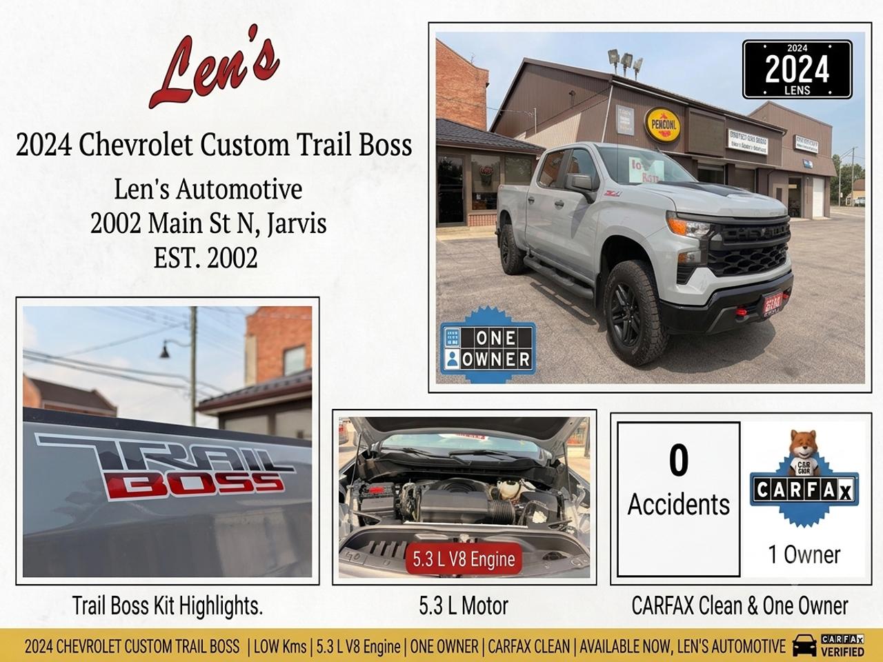 <p><strong>2024 Chevrolet Silverado 1500 Custom Trail Boss 4x4</strong></p><p>&nbsp;</p><p><strong>Price: $54,995 + Taxes & Licensing</strong></p><p>&nbsp;</p><p><strong>━━━━━━━━━━━━━━━━━━━━</strong></p><p>&nbsp;</p><p><strong>Vehicle Overview</strong></p><p>&nbsp;</p><p><strong>This 2024 Chevrolet Silverado 1500 Custom Trail Boss is an outstanding example of Chevrolet&rsquo;s factory-built off-road pickup, combining rugged capability with modern technology and everyday practicality. Featuring very low kilometres, a one-owner history, and a clean Carfax report showing no reported accidents, this truck is presented in excellent condition and is sold safety certified.</strong></p><p>&nbsp;</p><p><strong>Powered by the dependable 5.3L EcoTec3 V8 engine, the Silverado delivers exceptional towing capability, confident performance, and the durability expected from one of Canada&rsquo;s most trusted full-size pickups.</strong></p><p>&nbsp;</p><p><strong>━━━━━━━━━━━━━━━━━━━━</strong></p><p>&nbsp;</p><p><strong>Trail Boss Capability</strong></p><p>&nbsp;</p><p><strong>The Custom Trail Boss is designed for drivers who want more than a standard pickup. Equipped with Chevrolet&rsquo;s factory Trail Boss package, this truck features a factory-installed suspension lift, off-road-tuned suspension, skid plates, aggressive all-terrain tires, recovery hooks, and distinctive Trail Boss styling. Whether you&rsquo;re navigating rough job sites, cottage roads, or weekend trails, the Trail Boss package delivers the capability and confidence to go further.</strong></p><p>&nbsp;</p><p><strong>━━━━━━━━━━━━━━━━━━━━</strong></p><p>&nbsp;</p><p><strong>Comfort & Technology</strong></p><p>&nbsp;</p><p><strong>Inside, the Silverado offers a spacious and functional cabin with comfortable seating, an intuitive touchscreen infotainment system featuring Apple CarPlay and Android Auto, remote start, Bluetooth connectivity, a rear vision camera, cruise control, and modern convenience features designed to make every drive enjoyable.</strong></p><p>&nbsp;</p><p><strong>━━━━━━━━━━━━━━━━━━━━</strong></p><p>&nbsp;</p><p><strong>Safety & Driver Assistance</strong></p><p>&nbsp;</p><p><strong>Chevrolet has equipped this Silverado with a range of advanced safety technologies, including Lane Keep Assist, Forward Collision Alert, Automatic Emergency Braking, and a Rear Vision Camera, providing added confidence whether you&rsquo;re commuting, towing, or travelling long distances.</strong></p><p>&nbsp;</p><p><strong>━━━━━━━━━━━━━━━━━━━━</strong></p><p>&nbsp;</p><p><strong>Vehicle Highlights</strong></p><p>&nbsp;</p><p><strong>✓ 5.3L EcoTec3 V8 Engine</strong></p><p>&nbsp;</p><p><strong>✓ Four-Wheel Drive (4x4)</strong></p><p>&nbsp;</p><p><strong>✓ Factory Custom Trail Boss Package</strong></p><p>&nbsp;</p><p><strong>✓ One Owner Vehicle</strong></p><p>&nbsp;</p><p><strong>✓ Very Low Kilometres</strong></p><p>&nbsp;</p><p><strong>✓ Clean Carfax Report Available</strong></p><p>&nbsp;</p><p><strong>✓ No Reported Accidents</strong></p><p>&nbsp;</p><p><strong>✓ Sold Safety Certified</strong></p><p>&nbsp;</p><p><strong>✓ Excellent Overall Condition</strong></p><p>&nbsp;</p><p><strong>━━━━━━━━━━━━━━━━━━━━</strong></p><p>&nbsp;</p><p><strong>Manufacturer Warranty Remaining</strong></p><p>&nbsp;</p><p><strong>&bull; Comprehensive Manufacturer Warranty valid until July 22, 2027 or 60,000 kilometres</strong></p><p>&nbsp;</p><p><strong>&bull; Powertrain Warranty valid until July 22, 2029 or 100,000 kilometres</strong></p><p>&nbsp;</p><p><strong>━━━━━━━━━━━━━━━━━━━━</strong></p><p>&nbsp;</p><p><strong>Additional Services</strong></p><p>&nbsp;</p><p><strong>&bull; Financing Available Upon Request</strong></p><p>&nbsp;</p><p><strong>&bull; Extended Warranty Protection Available</strong></p><p>&nbsp;</p><p><strong>&bull; In-House Vehicle Servicing</strong></p><p>&nbsp;</p><p><strong>&bull; Rust Check Protection Services</strong></p><p>&nbsp;</p><p><strong>━━━━━━━━━━━━━━━━━━━━</strong></p><p>&nbsp;</p><p><strong>Why Buy From Us?</strong></p><p>&nbsp;</p><p><strong>For over 40 years, we have proudly served our community by providing quality vehicles and exceptional customer service. Backed by more than 25 five-star customer reviews, we are committed to delivering a professional, transparent, and enjoyable purchasing experience before and after the sale.</strong></p><p>&nbsp;</p><p><strong>Contact us today for additional information, financing options, or to arrange your personal viewing and test drive.</strong></p>
