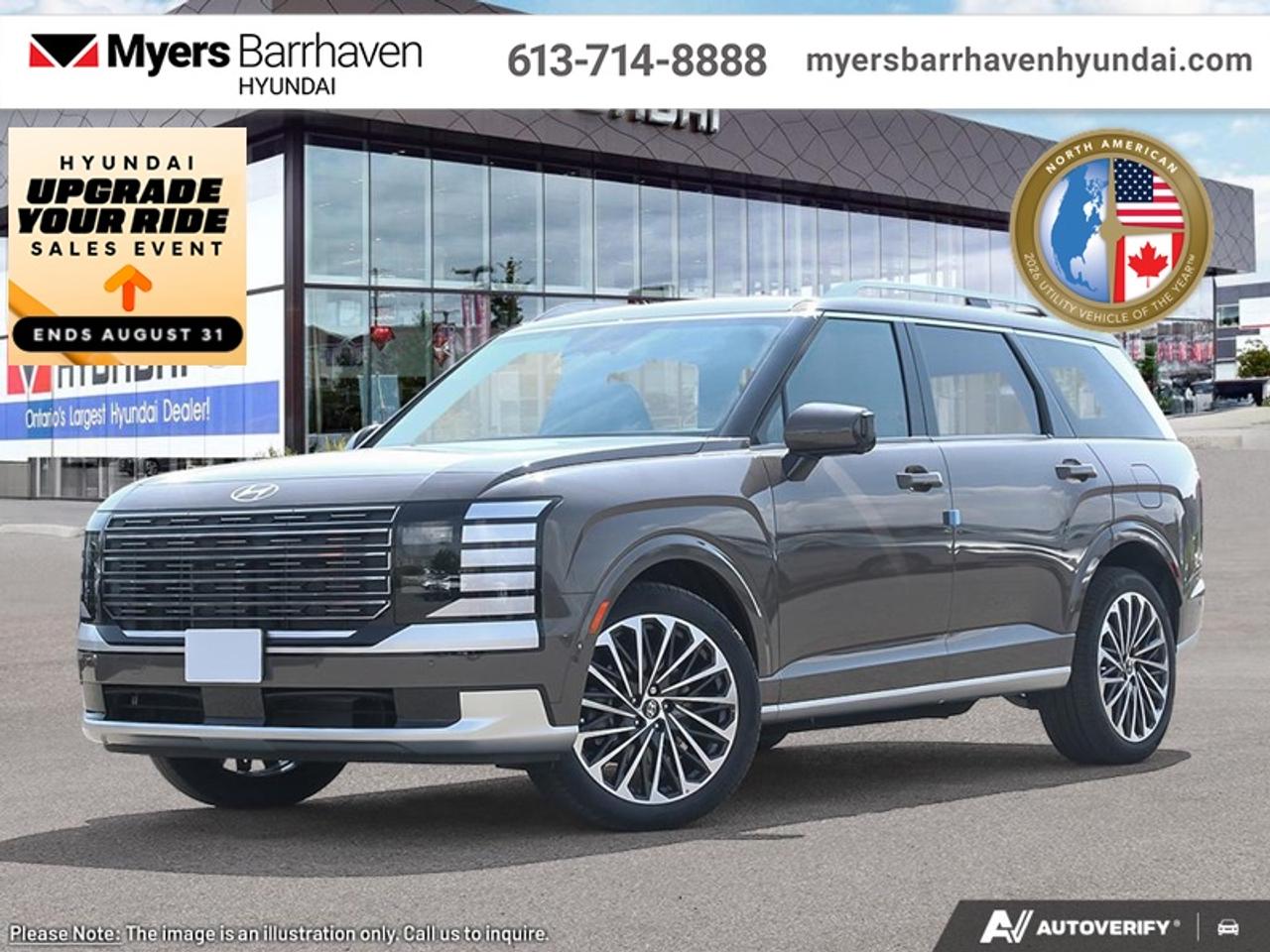 <b>Premium Audio,  360 Camera,  HUD,  Sunroof,  Navigation!</b><br> <br> Hyundais entry to the 3-seater SUV segment is a huge shakeup, as this Palisade is an extremely compelling contender.<br> <br>Big enough for your busy and active family, this Hyundai Palisade returns for 2026 , and is good as ever. With a features list that would fit in with the luxury SUV segment attached to a family friendly interior, this Palisade was made to take the SUV segment by storm. For the next classic SUV people are sure to talk about for years, look no further than this Hyundai Palisade.<br> <br>This Cast Iron Brown SUV has an Automatic transmission and is powered by a 287HP 3.5L V6 Cylinder Engine. <br> <br> Our Palisades trim level is Ultimate Calligraphy. This SUV is crafted as a sanctuary of modern luxury, with quilted Nappa leather seating, genuine wood trim, a suede headliner, and indulgent features like heated, ventilated, and even relaxation seats with leg rests. Technology enhances every journey, from the 12.3 navigation display with Bose premium audio to the dual sunroofs, wireless smartphone integration, and hands-free smart liftgate. Safety is uncompromising, with innovations such as forward collision avoidance with pedestrian and cyclist detection, blind-spot and rear cross-traffic assist, a full aerial-view camera system, remote automatic parking, driver monitoring and a suite of airbags, ensuring confidence and peace of mind in every drive. This vehicle has been upgraded with the following features: Premium Audio, 360 Camera, HUD, Sunroof, Navigation, Cooled Seats, Heated Seats.<br><br> <br/><br> o~o