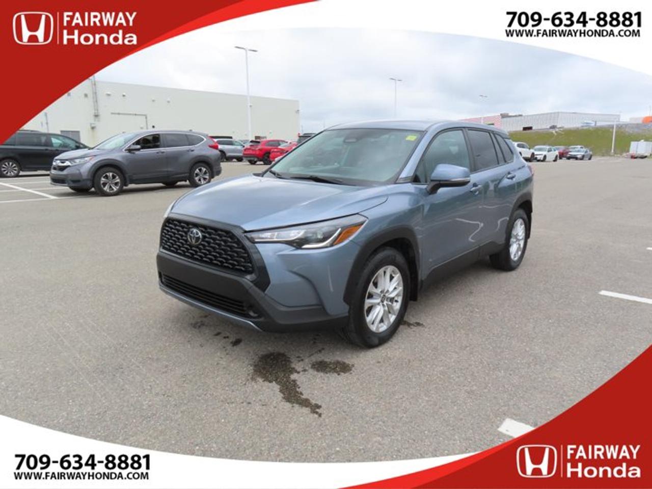 Blue 2023 Toyota Corolla Cross LE AWD CVT 2.0L I4 PDI DOHC 16V LEV3-SULEV30 169hp*Professionally Detailed*, *Market Value Pricing*, 17 Alloy Wheels, 4-Wheel Disc Brakes, 4.01 Axle Ratio, 6 Speakers, ABS brakes, Air Conditioning, Alloy wheels, AM/FM radio: SiriusXM, Auto High-beam Headlights, Automatic temperature control, Brake assist, Bumpers: body-colour, Delay-off headlights, Driver door bin, Driver vanity mirror, Dual front impact airbags, Dual front side impact airbags, Electronic Stability Control, Emergency communication system: Safety Connect w/up to 10-year trial, Exterior Parking Camera Rear, Fabric Seat Trim, Four wheel independent suspension, Front anti-roll bar, Front Bucket Seats, Front reading lights, Fully automatic headlights, Heated door mirrors, Heated Front Bucket Seats, Heated front seats, Heated steering wheel, Illuminated entry, Knee airbag, Leather steering wheel, Low tire pressure warning, Occupant sensing airbag, Outside temperature display, Overhead airbag, Panic alarm, Passenger door bin, Passenger vanity mirror, Power door mirrors, Power steering, Power windows, Radio data system, Radio: 6 Speaker Audio System, Rear anti-roll bar, Rear side impact airbag, Rear window defroster, Rear window wiper, Remote keyless entry, Security system, Speed control, Split folding rear seat, Spoiler, Steering wheel mounted audio controls, Tachometer, Telescoping steering wheel, Tilt steering wheel, Traction control, Trip computer, Turn signal indicator mirrors, Variably intermittent wipers.Fairway Honda - Community Driven!