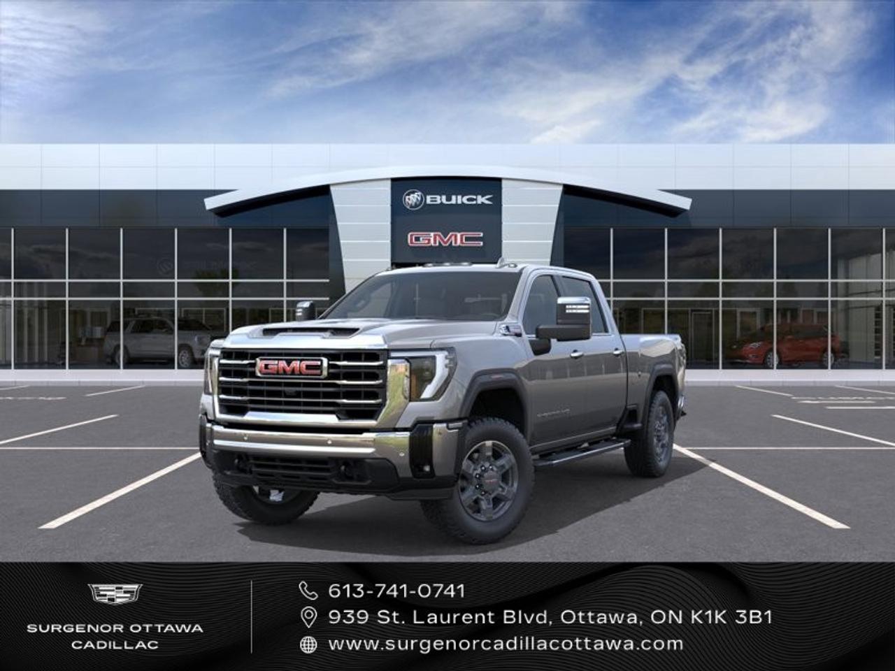 <p>The 2026 GMC Sierra 2500HD Crew Cab Standard Box SLT in a stunning gray finish offers an unbeatable combination of strength and style with its 4×4 drivetrain and smooth handling. This robust truck is powered by the durable Duramax 6.6L Turbo-Diesel V8 engine, boasting an impressive 975 lb-ft of torque at 1600 rpm.</p> <p>The exterior features 20-inch bright face wheels with dark painted pockets, all-terrain tires, and a spray-on bedliner with the GMC logo, ensuring you can tackle any road with confidence. Step into a cabin designed for comfort and utility, featuring jet black leather-appointed front bucket seats with a floor-mounted center console and a sunroof that lets natural light in.</p> <p>Experience cutting-edge technology with the 13.4-inch diagonal Premium GMC Infotainment System, integrated with Google apps like navigation and voice assistance, and stay connected through wireless Android Auto and Apple CarPlay. Safety doesn't take a backseat with features like the Sierra HD Pro Safety Plus Package, offering Trailer Side Blind Zone Alert, Rear Cross Traffic Alert, and HD Surround Vision. Additional driver assistance includes adaptive cruise control and lane assist.</p> <p>Perfect for those who value power and luxury in their truck, this Sierra 2500HD SLT is ideal for both work and play. Contact Surgenor Chevrolet Buick GMC Cadillac today to schedule a test drive and experience this remarkable vehicle firsthand.</p>