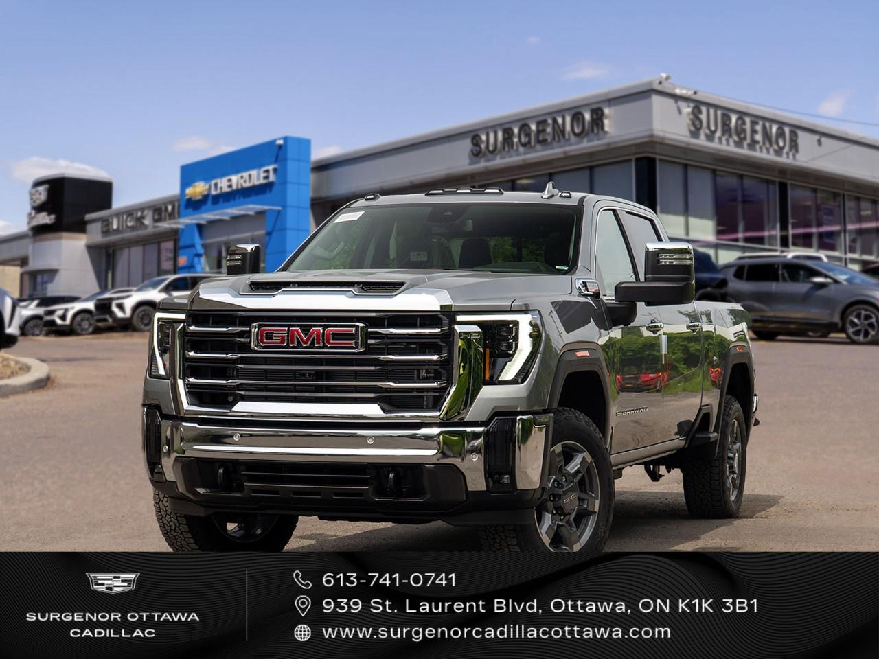 <p>The 2026 GMC Sierra 2500HD Crew Cab Standard Box SLT in a stunning gray finish offers an unbeatable combination of strength and style with its 4×4 drivetrain and smooth handling. This robust truck is powered by the durable Duramax 6.6L Turbo-Diesel V8 engine, boasting an impressive 975 lb-ft of torque at 1600 rpm.</p> <p>The exterior features 20-inch bright face wheels with dark painted pockets, all-terrain tires, and a spray-on bedliner with the GMC logo, ensuring you can tackle any road with confidence. Step into a cabin designed for comfort and utility, featuring jet black leather-appointed front bucket seats with a floor-mounted center console and a sunroof that lets natural light in.</p> <p>Experience cutting-edge technology with the 13.4-inch diagonal Premium GMC Infotainment System, integrated with Google apps like navigation and voice assistance, and stay connected through wireless Android Auto and Apple CarPlay. Safety doesn't take a backseat with features like the Sierra HD Pro Safety Plus Package, offering Trailer Side Blind Zone Alert, Rear Cross Traffic Alert, and HD Surround Vision. Additional driver assistance includes adaptive cruise control and lane assist.</p> <p>Perfect for those who value power and luxury in their truck, this Sierra 2500HD SLT is ideal for both work and play. Contact Surgenor Chevrolet Buick GMC Cadillac today to schedule a test drive and experience this remarkable vehicle firsthand.</p>
