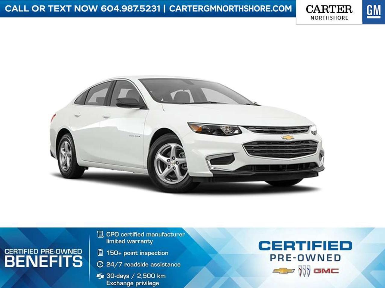 <b>  </b> Discover this reliable Pre-Owned 2017 Chevrolet Malibu LS, offering a smooth ride, great fuel efficiency, and everyday comfort. Powered by a responsive 1.5L Turbo engine with a 6-speed automatic transmission, it also features Apple CarPlay, Bluetooth, a rear vision camera, cruise control, and a 6-speaker audio system. Whether youre commuting or heading out on a road trip, this sedan is ready for the journey. Test Drive Today! <b>WHY CARTER GM NORTHSHORE?</b> - An unrivalled vehicle purchasing experience! - Exceeding our loyal customers expectations since 1990 - 4.7 Google star rating (with 1,700+ customer reviews) - CarGurus Top-Rated Dealer 2025 Award - CarGurus Top Value Dealer 2025 Award - 30-day / 2,500 km exchange privilege - Peace of mind - 150-point vehicle inspection - CARFAX - full vehicle service history - purchase with confidence! - Vehicle trades welcome! Best price guaranteed! - We provide upfront pricing, zero hidden fees, and 100% transparency - Fast approvals and 99% acceptance rates (no matter your current credit status!) - Multilingual staff (many languages spoken) - Comfortable non-pressured environment with in-store television, WIFI and a childrens play area! <p><img src=https://gmtadvantage-com.cdn-convertus.com/uploads/sites/16/2025/09/Carter-GM-Burnaby-Car-Gurus-Awards-2025.png alt="" width="300" height="77" /></p> Were here to help you drive the vehicle you want, the vehicle you deserve! <b>QUESTIONS? GREAT! WEVE GOT ANSWERS!</b> To speak with a friendly vehicle specialist - <b>CALL NOW!</b> <small>The advertised price includes all standard dealer fees and any applicable manufacturer or dealer incentives. It does not include applicable taxes, licensing, insurance, or optional products or services. Dealer fees will be clearly broken out and itemized on the bill of sale, maximum total of fees $699.00. Prices are shown in Canadian dollars. While we make every effort to ensure accuracy, vehicle details, pricing, options, and availability are subject to change without notice. Please confirm all information with dealership sales management before purchase. Dealer Code: 81121</small>