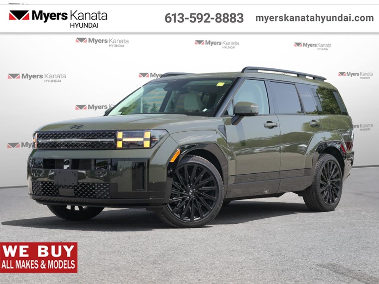 <b>Low Mileage, HUD,  Premium Audio,  Cooled Seats,  Navigation,  360 Camera!</b><br> <br>  Hot Deal! Weve marked this unit down $1797 from its regular price of $53085.Incredible design in and out makes this 2025 Santa Fe striking and fun to drive. This 2025 Hyundai Santa Fe is for sale today in Kanata.<br> <br>Refinement wrapped in ruggedness, capability married to style, and adventure ready attitude paired to a comfortable drive. These things make this 2025 Santa Fe an amazing SUV. If you need a ready to go SUV that makes every errand an adventure and makes every adventure a journey, this 2025 Santa Fe was made for you.<br> <br>This low mileage SUV has just 11,712 km. Its Rockwood Green in colour. It has an Automatic transmission and is powered by a 277HP 2.5L 4 Cylinder Engine. <br> <br> Our Santa Fes trim level is Ultimate Calligraphy AWD w/Beige Interior. This Santa FE Ultimate Calligraphy rewards you with a drivers head up display, a 12-speaker Bose premium audio system, inbuilt navigation, ventilated and heated front seats, a dual panel sunroof and a 360 camera system. Also standard include a power liftgate for rear cargo access, a heated steering wheel, adaptive cruise control, and a 12.3-inch screen with Apple CarPlay and Android Auto. Safety features also include blind spot detection, lane keep assist with lane departure warning, front and rear parking sensors, and front and rear collision mitigation. This vehicle has been upgraded with the following features: HUD, Premium Audio, Cooled Seats, Navigation, 360 Camera, Sunroof, Heated Steering Wheel.<br> <br>To apply right now for financing use this link: <a href=https://www.myerskanatahyundai.com/finance/ target=_blank>https://www.myerskanatahyundai.com/finance/</a><br> <br/><br>Smart buyers buy at Myers where all cars come Myers Certified including a 1 year tire and road hazard warranty (some conditions apply, see dealer for full details.)<br> <br>This vehicle is located at Myers Kanata Hyundai 400-2500 Palladium Dr Kanata, Ontario.<br>*LIFETIME ENGINE TRANSMISSION WARRANTY NOT AVAILABLE ON VEHICLES WITH KMS EXCEEDING 140,000KM, VEHICLES 8 YEARS & OLDER, OR HIGHLINE BRAND VEHICLE(eg. BMW, INFINITI. CADILLAC, LEXUS...)<br> Come by and check out our fleet of 30+ used cars and trucks and 170+ new cars and trucks for sale in Kanata.  o~o