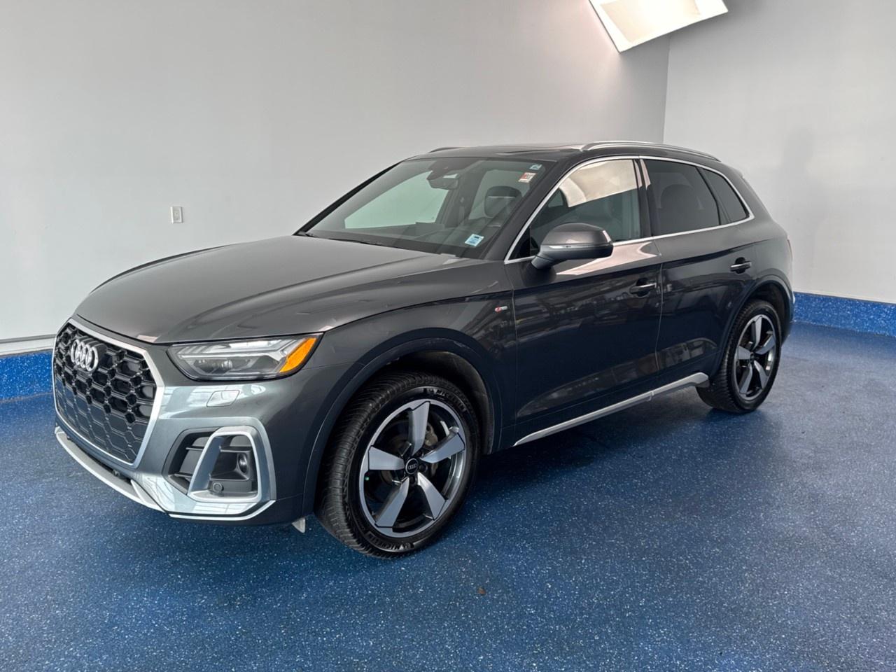 New Price! 2023 Audi Q5 45 Technik quattro 45 Technik | SLine | Zacks Certified. 7-Speed Automatic S tronic quattro Chronos Gray Metallic 2.0L 4-Cylinder TFSI<br /><br /><br />Black w/Leather Seating Surfaces, 19 Speakers, Air Conditioning, Alloy wheels, AM/FM radio: SiriusXM, Automatic temperature control, Black Headliner, Black Roof Rails, Black Side Mirrors, Brushed Aluminum Inlays, Exterior Parking Camera Rear, Front fog lights, Front Sports Seats, Headlight cleaning, Heated Front Bucket Seats, Heated rear seats, Heated steering wheel, Leather Shift Knob, Memory seat, Navigation system: MMI Navigation plus, Power driver seat, Power Liftgate, Power moonroof, Power steering, Power windows, Radio data system, Radio: MMI Navigation Plus w/SiriusXM Satellite, Rain sensing wipers, Rear air conditioning, Rear window defroster, Remote keyless entry, S line Black Package, S line Interior Badging, S line Sport Package, Speed-Sensitive Wipers, Stainless Steel Pedals, Steering wheel memory, Telescoping steering wheel, Tilt steering wheel, Turn signal indicator mirrors, Variably intermittent wipers, Wheels: 8.0J x 20''' 5-Spoke Cutter Design.<br /><br />Certification Program Details: Fresh 2 Yr MVI | 30 day warranty* | 110 point inspection | Full tank of fuel | Krown rustproofed | Flexible financing options | Professionally detailed<br /><br />This vehicle is Zacks Certified! You're approved! We work with you. Together we'll find a solution that makes sense for your individual situation. Please visit us or call 902 843-3900 to learn about our great selection.<br /><br />With 22 lenders available Zack's Auto Sales can offer our customers with the lowest available interest rate. Thank you for taking the time to check out our selection!