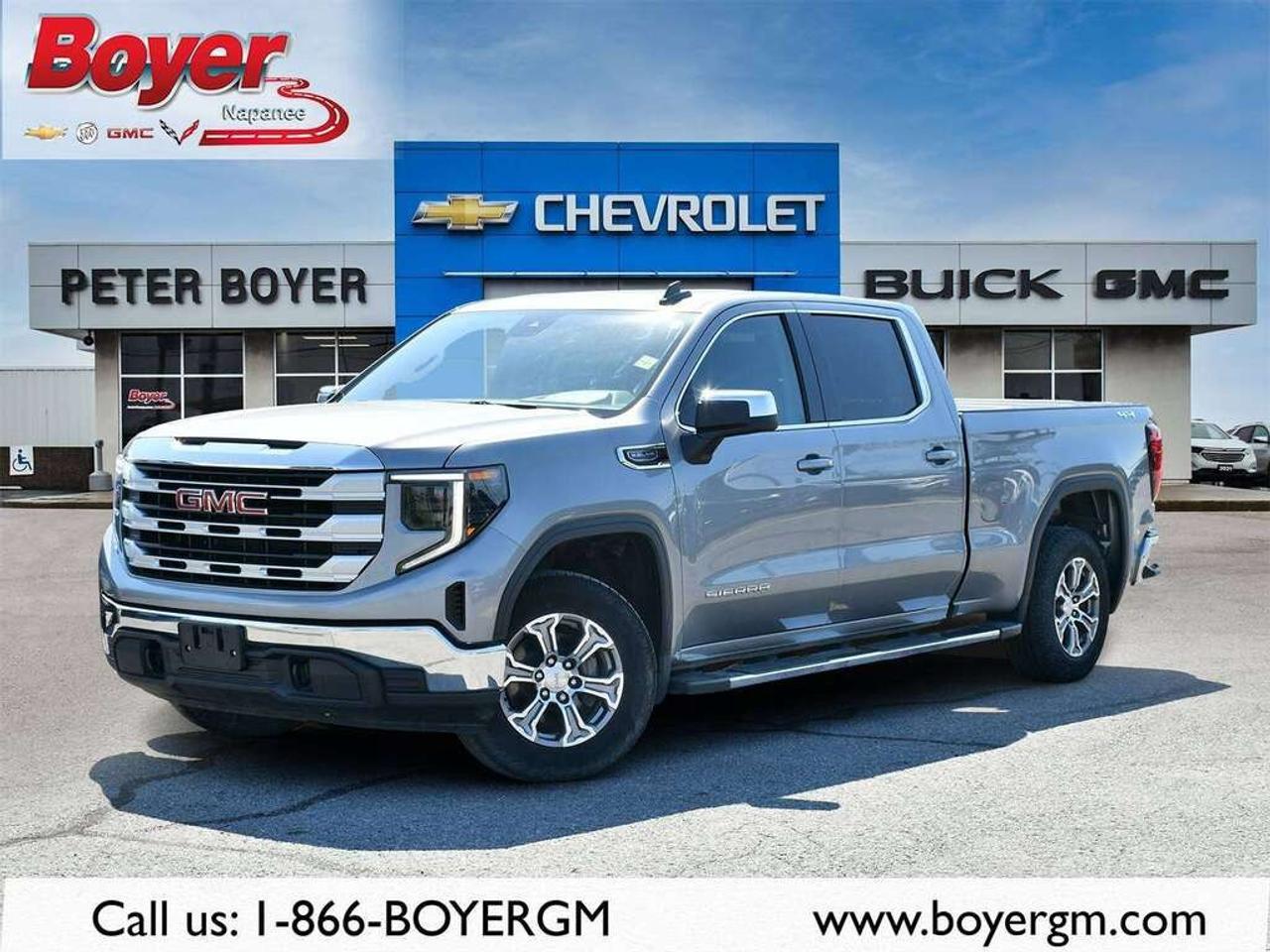 **2023 GMC Sierra 1500 SLE Crew Cab 4x4 | 5.3L V8 | Heated Seats | Remote Start**<br />Powerful, comfortable, and well equipped, this 2023 GMC Sierra 1500 SLE Crew Cab 4x4 is ready for work, weekends, and everyday driving. Its proven 5.3L V8 engine and 10-speed automatic transmission provide confident performance, while the spacious Crew Cab offers plenty of room for passengers and gear.<br /><br />Inside, youll find a modern, comfortable cabin featuring a large touchscreen, wireless smartphone connectivity, heated front seats, a heated steering wheel, and dual-zone automatic climate control.<br /><br />**Key Features:**<br /><br />* 5.3L V8 engine<br />* 10-speed automatic transmission<br />* Four-wheel drive<br />* Crew Cab<br />* Heated front seats<br />* Heated steering wheel<br />* Remote start<br />* Dual-zone automatic climate control<br />* Large touchscreen display<br />* Digital driver information display<br />* Wireless Apple CarPlay and Android Auto<br />* Bluetooth connectivity<br />* Rear vision camera<br />* LED headlights<br />* LED cargo-box lighting<br />* Automatic locking rear differential<br />* Alloy wheels<br />* Keyless entry<br />* Push-button start<br />* Driver-assistance technology<br /><br />Offering V8 power, a spacious interior, modern technology, and dependable four-wheel-drive capability, this Sierra SLE is an excellent choice for anyone seeking a versatile full-size pickup.<br /><br />VIN: **3GTUUBED3PG145486**<br />About Peter Boyer Chevrolet Buick GMC<br /> Proudly serving Napanee and surrounding communities for over 30 years, Peter Boyer Chevrolet Buick GMC is your trusted destination for new and pre-owned vehicles. Drivers from Kingston, Belleville, Trenton, Brighton, Picton, and beyond choose us for our exceptional selection, competitive pricing, and commitment to customer satisfaction. <br /><br />Our knowledgeable and professional team is ready to assist with all your automotive needs, including sales, financing, service, and genuine GM parts. Experience the Boyer difference today and see why customers across Eastern Ontario continue to choose Peter Boyer Chevrolet Buick GMC year after year. We are a proud member of the Boyer Auto Group.