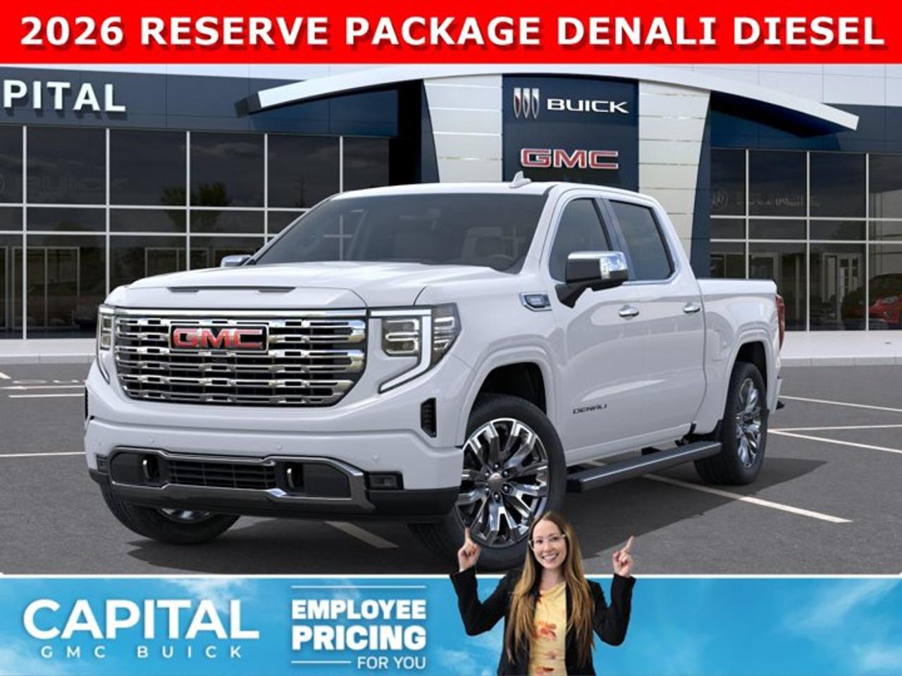Check out this 2026 Sierra 1500 Crew Cab Denali DIESEL with the RESERVE PACKAGE. Equipped with a ton of options like Heated and Cooled Seats, POWER SUNROOF, Heated Steering, Body Color Arch Moldings, 360 CAM, Rear Streaming Camera Mirror, Heads-up Display, 22 Inch Wheels, Heated Rear Seats, Massive Touchscreen, Power Assist Steps, and so much more... CALL NOWAsk for the Internet Department for more information or book your test drive today!AMVIC Licensed Dealer - Licence Number B1044900