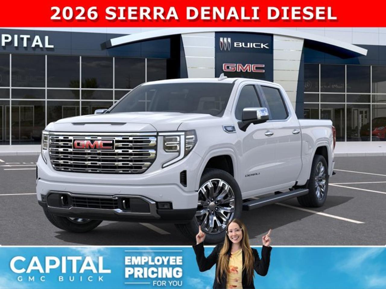 Check out this 2026 Sierra 1500 Crew Cab Denali DIESEL with the RESERVE PACKAGE. Equipped with a ton of options like Heated and Cooled Seats, POWER SUNROOF, Heated Steering, Body Color Arch Moldings, 360 CAM, Rear Streaming Camera Mirror, Heads-up Display, 22 Inch Wheels, Heated Rear Seats, Massive Touchscreen, Power Assist Steps, and so much more... CALL NOWAsk for the Internet Department for more information or book your test drive today!AMVIC Licensed Dealer - Licence Number B1044900