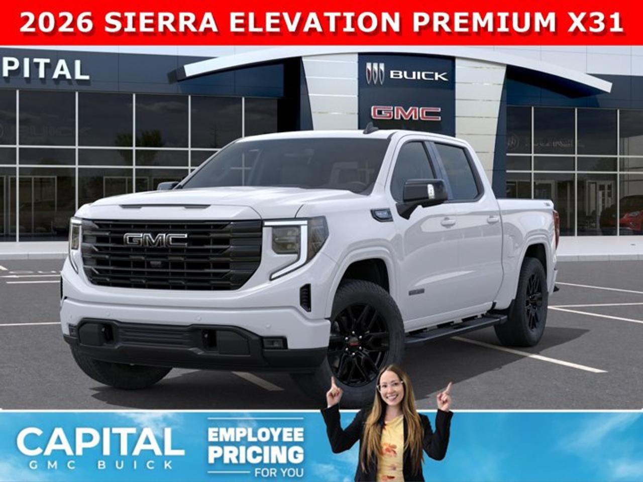 Take a look at this 2026 GMC SIERRA 1500 Elevation Premium Package... Fully equipped with Power Sunroof, BLACK PACKAGE, Heated Leather BUCKET Seats, X31 OFF-ROAD Package, body-color wheel arch moldings, ALL-WEATHER FLOOR MATS, Heated Steering, Adaptive Cruise Control, Dual Exhaust, 360 CAM, 6 Assist Steps, Black Emblems, MultiPro Tailgate, Integrated Brake Controller, Wireless Charger, Blind Zone monitoring, and so much more!Ask for the Internet Department for more information or book your test drive today!AMVIC Licensed Dealer - Licence Number B1044900