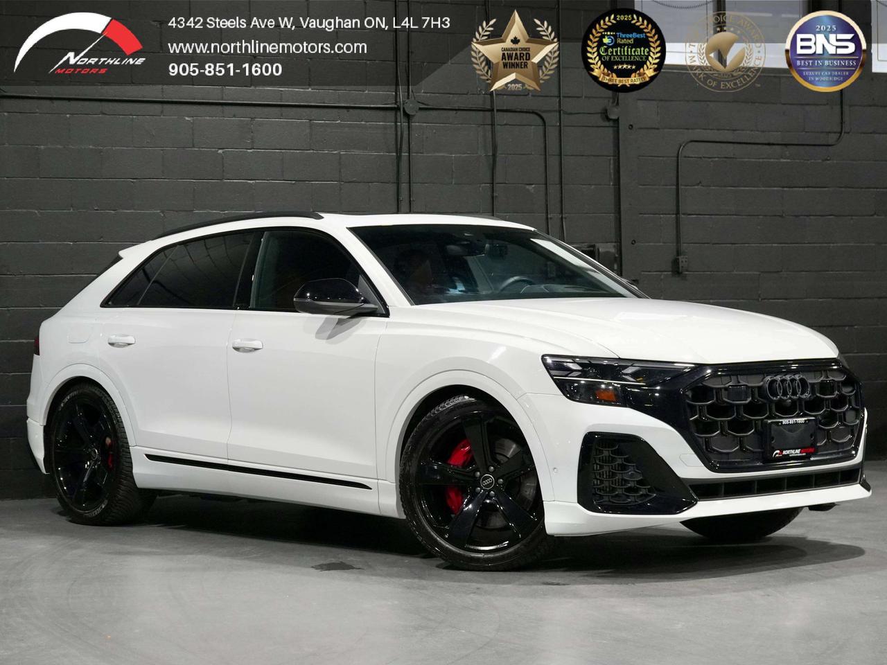 -4.0L Twin-Turbocharged V8 with 48V Mild Hybrid
-500 hp
-568 lb-ft
-8-speed Tiptronic automatic
-quattro All-Wheel Drive
-22-inch Audi Sport alloy wheels
-Adaptive air suspension
-All-wheel steering (rear-wheel steering)
-Panoramic glass sunroof
-LED headlights with Audi laser high beams
-Digital daytime running light signatures
-Dynamic LED taillights
-Adaptive High Beam Assist
-Heated power-folding auto-dimming mirrors
-Hands-free power liftgate
-Privacy glass
-Rain-sensing wipers
-Acoustic windshield
-Aluminum roof rails
-Quad oval exhaust outlets
-SQ exterior body styling
-Red brake calipers
-Heated front sport seats
-Ventilated front seats
-8-way power front seats
-Driver memory seat
-Passenger memory seat
-Heated steering wheel
-Four-zone automatic climate control
-Ambient LED interior lighting
-Carbon fiber interior trim
-Power tilt/telescoping steering column
-Split-folding rear seats
-Cargo cover
-Stainless steel pedals
-Technology
-10.1-inch upper touchscreen
-8.6-inch lower touchscreen
-Navigation Plus with MMI Touch Response
-Wireless Apple CarPlay
-Wireless Android Auto
-Bluetooth
-Audi connect
-Wireless charging
-Bang & Olufsen Premium Audio
-Adaptive Cruise Control
-Audi Adaptive Cruise Assist
-Lane Guidance
-Active Lane Keeping Assist
-Blind Spot Monitoring (Audi Side Assist)
-Rear Cross Traffic Assist
-Exit Warning
-Front Collision Warning
-Automatic Emergency Braking
-Audi Pre Sense Front
-Audi Pre Sense Rear
-360&deg; Surround View Camera
-Head-Up Display
-Heated rear seats



QUALIFY FOR A 4-YEAR WARRANTY TODAY!
At Northline Motors, were a family-owned dealership committed to delivering a transparent, stress-free car-buying experience. With over 12 years of industry experience and multiple consumer choice awards, weve built our reputation on quality vehicles, competitive pricing, and exceptional customer service.
Every vehicle comes with:
 Full vehicle history report
 Financing options available
 Extended warranty packages
 Aftermarket protection services
 Ongoing customer support past purchase
Browse our latest inventory online or visit our friendly, no-pressure showroom. Coffee and tea are always on us!
Please note: Prices exclude applicable taxes and licensing fees. All vehicles, unless otherwise specified, can be certified for an additional $999; otherwise, as per OMVIC regulations, the vehicle is not drivable, certified, or e tested.
While every effort is made to ensure accuracy, errors, omissions, and pricing changes may occur.  Please contact our sales team to verify vehicle details including vehicle options and availability.