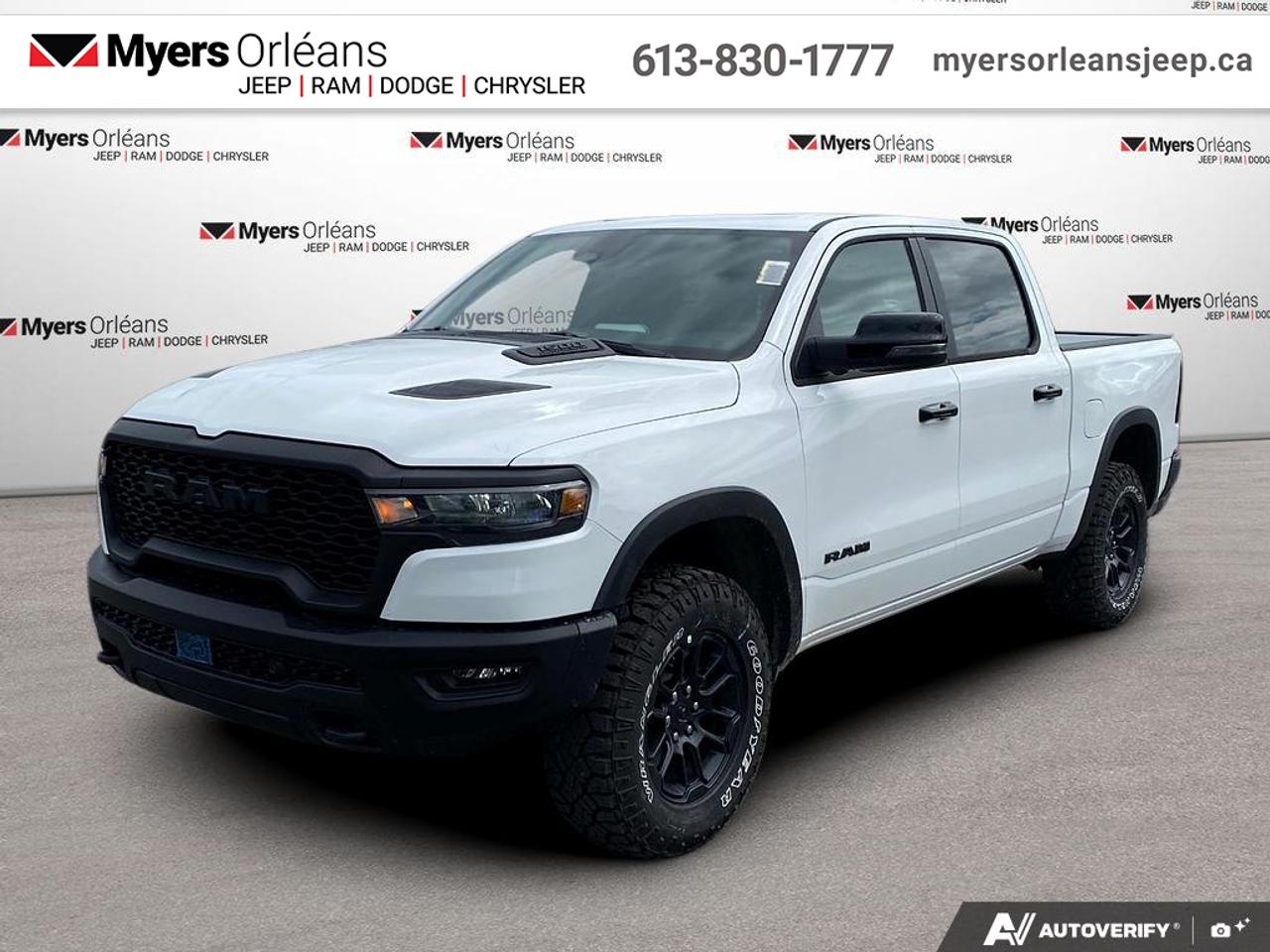 <b>Sunroof!</b><br> <br> The 2026 Ram 1500 delivers exceptional performance, refined comfort, and cutting-edge innovation for every road ahead.<br> <br>The Ram 1500s unmatched luxury transcends traditional pickups without compromising its capability. Loaded with best-in-class features, its easy to see why the Ram 1500 is so popular. With the most towing and hauling capability in a Ram 1500, as well as improved efficiency and exceptional capability, this truck has the grit to take on any task.<br> <br>This Bright White Crew Cab 4X4 pickup has an Automatic transmission and is powered by a 420HP 3.0L Straight 6 Cylinder Engine. <br> <br> Our 1500s trim level is Rebel. This Ram 1500 in the Rebel trim offers off-roading suspension with Bilstein dampers, and rewards you with a leather-wrapped heated steering wheel, a 360 camera system, a 10-speaker Alpine audio, and a 12-inch infotainment screen with inbuilt navigation, Apple CarPlay and Android Auto, and 4G LTE Wi-Fi hotspot. Additional features include class IV towing equipment, black off-road wheels with black fender flares, power adjustable pedals, intersection collision assist, evasion assist, lane keep assist with lane departure warning, and even more! This vehicle has been upgraded with the following features: Sunroof.<br><br> View the original window sticker for this vehicle with this url <b><a href=http://www.chrysler.com/hostd/windowsticker/getWindowStickerPdf.do?vin=3C6SRFLP8T4195512 target=_blank>http://www.chrysler.com/hostd/windowsticker/getWindowStickerPdf.do?vin=3C6SRFLP8T4195512</a></b>.<br> <br>To apply right now for financing use this link: <a href=https://www.myersorleansjeep.ca/apply-for-financing/ target=_blank>https://www.myersorleansjeep.ca/apply-for-financing/</a><br> <br/>Total rebate of $8250 is reflected in the price. 5.29% financing for 96 months. <br> Buy this vehicle now for the lowest weekly payment of <b>$241.37</b> with $0 down for 96 months @ 5.29% APR O.A.C. ( Plus applicable taxes - **Rebates may not be applicable on all purchase types [cash, lease, or finance]. Eligibility and conditions may vary. Please see dealer for full details and confirmation of eligibility. / Total Obligation of $100410 ). Incentives expire 2026-07-31. See dealer for details. <br><br>The road to new driving experiences begins in our inventory, where youll find an incredible array of brand-new cars, trucks, minivans, and SUVs, including two of our bestselling models, the Dodge Ram 1500 and the Dodge Grand Caravan. If you want to know what the cutting edge of automotive technology looks like, all you have to do is visit Myers Orleans Jeep! Each model comes loaded with the convenient features and cool technology that help make every trip memorable. Looking for additional everyday luxury at a price thats incredibly wallet-friendly? Choose from our selection of quality pre-owned models! If you can think of a road, our friendly and knowledgeable sales team will help you find the perfect vehicle to drive it.<br><br>We may be a well-established dealership thats been part of the community for many years, but that doesnt mean were stuck in the past! At Myers Orleans Jeep, were proud to provide a fresh, modern approach to car buying. Using our array of online tools, you can browse our extensive inventory, schedule a service appointment, order parts, and even apply for credit from wherever youve got a connection. Our goal is to create relationships that will last, and we know that the best way to do this is by providing a dealership experience thats based on honesty, transparency, trust, and a commitment to customers. Stop by today and discover all the ways we go above and beyond for you.<br><br> Come by and check out our fleet of 40+ used cars and trucks and 60+ new cars and trucks for sale in Orleans.  o~o