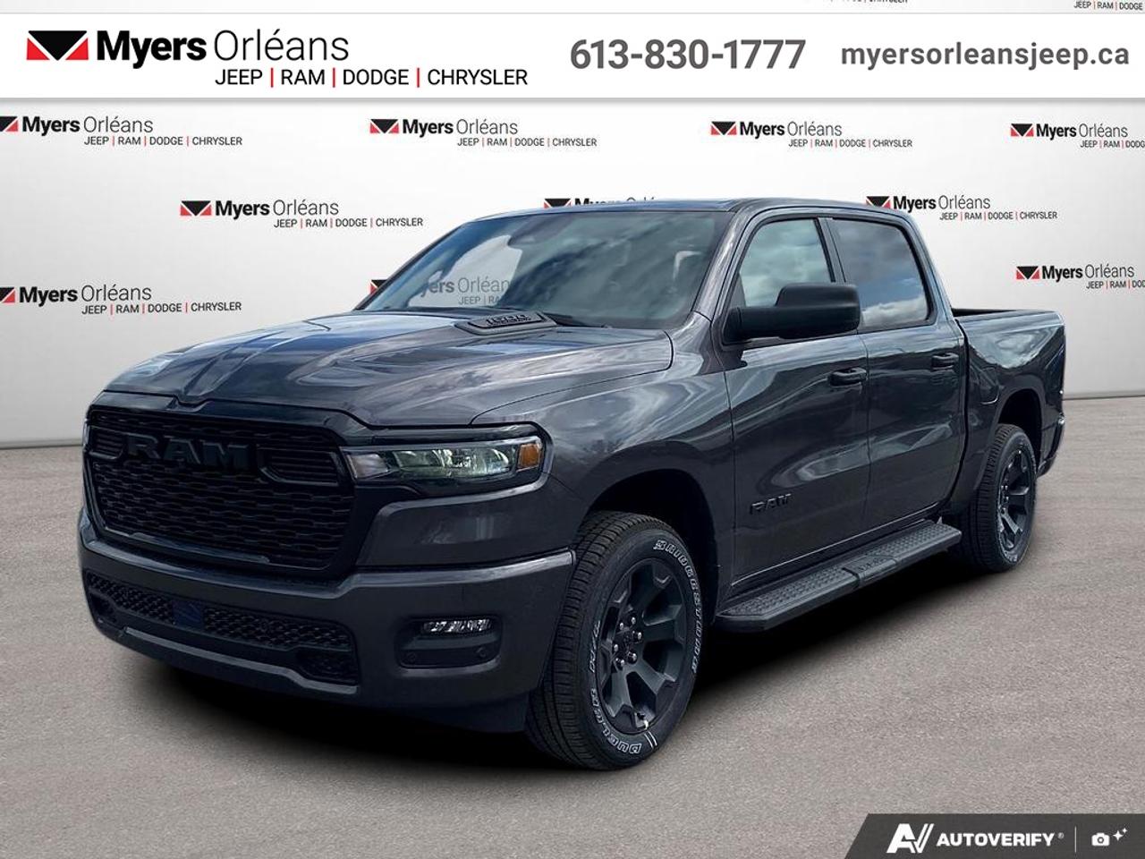 <b>Adaptive Cruise Control,  Remote Start,  Blind Spot Detection,  Lane Keep Assist,  Lane Departure Warning!</b><br> <br> The 2026 Ram 1500 delivers exceptional performance, refined comfort, and cutting-edge innovation for every road ahead.<br> <br>The Ram 1500s unmatched luxury transcends traditional pickups without compromising its capability. Loaded with best-in-class features, its easy to see why the Ram 1500 is so popular. With the most towing and hauling capability in a Ram 1500, as well as improved efficiency and exceptional capability, this truck has the grit to take on any task.<br> <br>This Granite Crystal Metallic Crew Cab 4X4 pickup has an Automatic transmission and is powered by a 420HP 3.0L Straight 6 Cylinder Engine. <br> <br> Our 1500s trim level is Express. This capable pickup blends strength, utility, and modern convenience for drivers who demand more from their truck. Its bold exterior design features smart functional details like heated mirrors, deep-tinted glass, and a durable cargo bed with easy tailgate access. Inside, the cabin delivers comfort and practicality with spacious seating, smart storage, and intuitive technology including an 8.4-inch Uconnect touchscreen, smartphone integration, and a Wi-Fi hotspot. Convenience features like remote start, adaptive cruise control, and keyless entry make every drive easier, while advanced safety systems such as Blind Spot Detection, Forward Collision Warning, Active Lane Management, and ParkSense parking sensors provide peace of mind on every journey. This vehicle has been upgraded with the following features: Adaptive Cruise Control, Remote Start, Blind Spot Detection, Lane Keep Assist, Lane Departure Warning, Heated Mirrors.<br><br> View the original window sticker for this vehicle with this url <b><a href=http://www.chrysler.com/hostd/windowsticker/getWindowStickerPdf.do?vin=3C6SRFGP2T4179624 target=_blank>http://www.chrysler.com/hostd/windowsticker/getWindowStickerPdf.do?vin=3C6SRFGP2T4179624</a></b>.<br> <br>To apply right now for financing use this link: <a href=https://www.myersorleansjeep.ca/apply-for-financing/ target=_blank>https://www.myersorleansjeep.ca/apply-for-financing/</a><br> <br/>Total rebate of $6500 is reflected in the price. 5.29% financing for 96 months. <br> Buy this vehicle now for the lowest weekly payment of <b>$199.94</b> with $0 down for 96 months @ 5.29% APR O.A.C. ( Plus applicable taxes - **Rebates may not be applicable on all purchase types [cash, lease, or finance]. Eligibility and conditions may vary. Please see dealer for full details and confirmation of eligibility. / Total Obligation of $83177 ). Incentives expire 2026-07-31. See dealer for details. <br><br>The road to new driving experiences begins in our inventory, where youll find an incredible array of brand-new cars, trucks, minivans, and SUVs, including two of our bestselling models, the Dodge Ram 1500 and the Dodge Grand Caravan. If you want to know what the cutting edge of automotive technology looks like, all you have to do is visit Myers Orleans Jeep! Each model comes loaded with the convenient features and cool technology that help make every trip memorable. Looking for additional everyday luxury at a price thats incredibly wallet-friendly? Choose from our selection of quality pre-owned models! If you can think of a road, our friendly and knowledgeable sales team will help you find the perfect vehicle to drive it.<br><br>We may be a well-established dealership thats been part of the community for many years, but that doesnt mean were stuck in the past! At Myers Orleans Jeep, were proud to provide a fresh, modern approach to car buying. Using our array of online tools, you can browse our extensive inventory, schedule a service appointment, order parts, and even apply for credit from wherever youve got a connection. Our goal is to create relationships that will last, and we know that the best way to do this is by providing a dealership experience thats based on honesty, transparency, trust, and a commitment to customers. Stop by today and discover all the ways we go above and beyond for you.<br><br> Come by and check out our fleet of 40+ used cars and trucks and 60+ new cars and trucks for sale in Orleans.  o~o