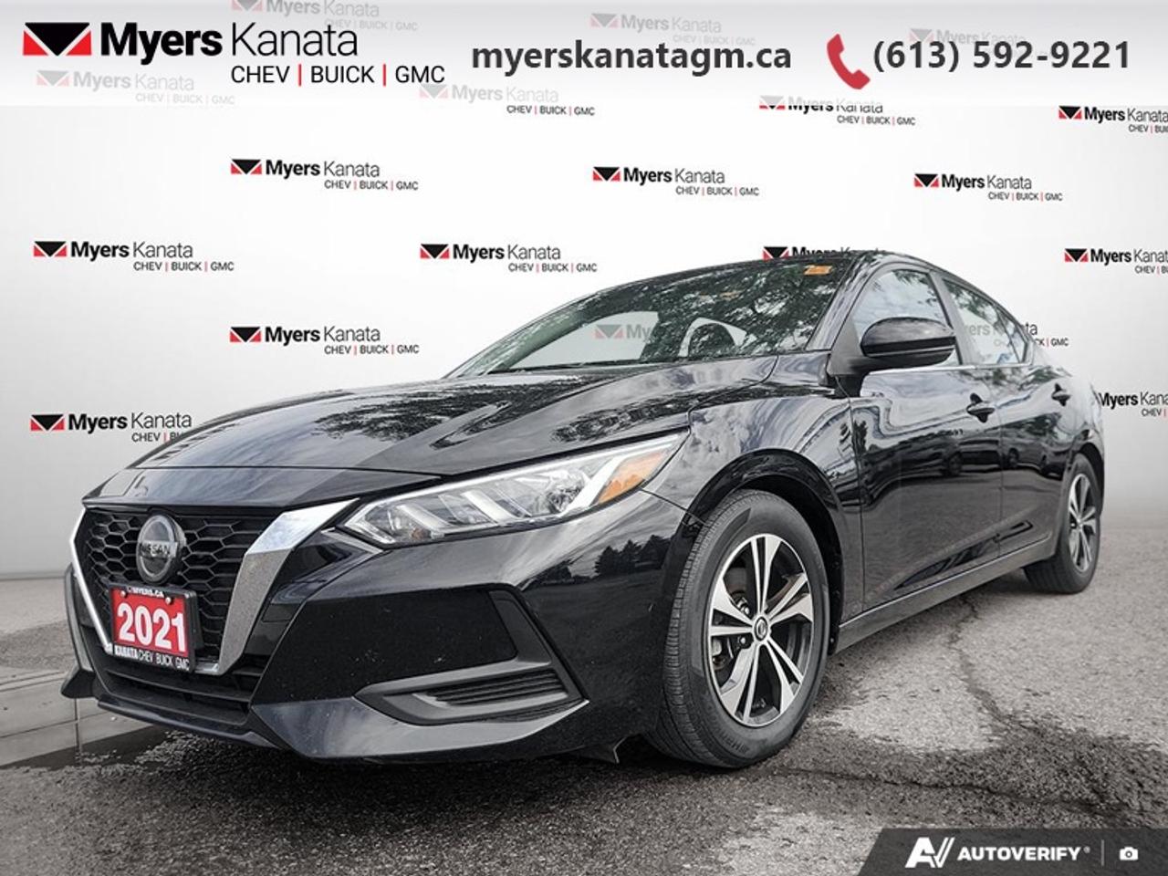 <b>Heated Seats,  Automatic Emergency Braking,  Android Auto,  Apple CarPlay,  Alloy Wheels!</b><br> <br> This 2021 Nissan Sentra is fresh on our lot in Kanata.<br> <br>Built to be a sensible and affordable compact sedan, this 2021 Nissan Sentra still manages to stand out with sleek, modern styling and quality design. Updated with modern technology, the 2021 Nissan Sentra still hits this mark for incredible value. Comfortable and quality interior matched with awesome technology for both safety and connectivity make this Nissan Sentra an obvious choice for the modern car buyer.<br> <br>This sedan has 65,460 km. Its Black in colour. It has an Automatic transmission and is powered by a 149HP 2.0L 4 Cylinder Engine. <br> <br> Our Sentras trim level is SV. This Sentra SV has alloy wheels, automatic emergency braking, auto on/off headlights, Advanced Drive-Assist instrument cluster monitor, heated power side mirrors with turn signals, voice recognition for audio, Siri Eyes Free, hands free texting assistant, Bluetooth control and streaming, rear view camera, proximity key, push button start, dual zone automatic climate control, heated front seats, leather wrapped steering wheel, adaptive cruise with stop and go, and a 7 inch monitor controls your infotainment with AM/FM, Apple CarPlay and Android Auto, SiriusXM, and aux and USB playback. This vehicle has been upgraded with the following features: Heated Seats, Automatic Emergency Braking, Android Auto, Apple CarPlay, Alloy Wheels, Stop and Go Cruise, Blind Spot Warning.<br> <br>To apply right now for financing use this link: <a href=https://www.myerskanatagm.ca/finance/ target=_blank>https://www.myerskanatagm.ca/finance/</a><br> <br/><br>Price is plus HST and licence only.<br> Book a test drive today at myerskanatagm.ca<br>*LIFETIME ENGINE TRANSMISSION WARRANTY NOT AVAILABLE ON VEHICLES WITH KMS EXCEEDING 140,000KM, VEHICLES 8 YEARS & OLDER, OR HIGHLINE BRAND VEHICLE(eg. BMW, INFINITI. CADILLAC, LEXUS...)<br> Come by and check out our fleet of 30+ used cars and trucks and 140+ new cars and trucks for sale in Kanata.  o~o