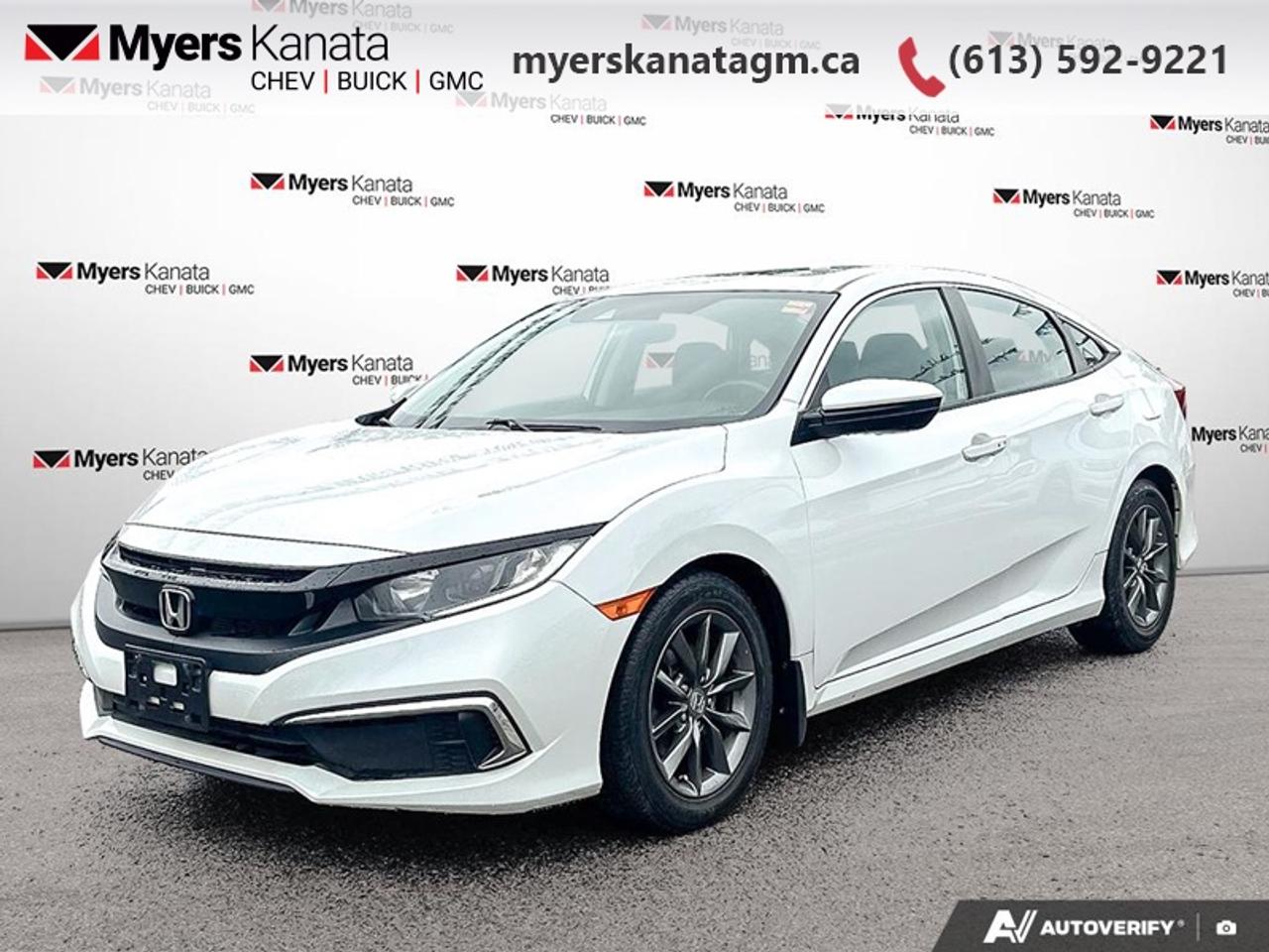 <b>Low Mileage, Sunroof,  Remote Start,  Heated Seats,  Apple CarPlay,  Android Auto!</b><br> <br> This 2020 Honda Civic Sedan is fresh on our lot in Kanata.<br> <br>With harmonious power, excellent handling capability, plus its engaging driving dynamic, this 2020 Honda Civic is a highly compelling choice in the eco-friendly compact car segment. Regardless of your style preference or driving habits, this impressive Honda Civic will perfectly suit your wants and needs. The Civic offers the right amount of cargo space, an aggressive exterior design with sporty and sleek body lines, plus a comfortable and ergonomic interior layout that works well with all family sizes. This Civic easily makes a bold statement without saying a word!<br> <br>This low mileage sedan has just 64,316 km. Its White in colour and is completely accident free based on the <a href=https://vhr.carfax.ca/?id=eKcoKlFaZdANC5KZIGXm/TVrFzwVQLZb target=_blank>CARFAX Report</a>. It has an Automatic transmission and is powered by a smooth engine. <br> <br> Our Civic Sedans trim level is EX. This EX Civic adds a power moonroof, proximity key, aluminum wheels, blind spot display, and remote start to the LX features like collision mitigation with forward collision warning, lane keep assist with road departure mitigation, adaptive cruise control, straight driving assist for slopes, and automatic highbeams you normally only expect with a higher price. The interior is as comfy and advanced as you need with heated front seats, remote start, Apple CarPlay, Android Auto, Bluetooth, Siri EyesFree, WiFi tethering, steering wheel with cruise and audio controls, multi-angle rearview camera, 7 inch driver information display, and automatic climate control. The exterior has some great style with a refreshed grille, independent suspension, heated power side mirrors, and LED taillamps. This vehicle has been upgraded with the following features: Sunroof, Remote Start, Heated Seats, Apple CarPlay, Android Auto, Lane Keep Assist, Collision Mitigation.<br> <br>To apply right now for financing use this link: <a href=https://www.myerskanatagm.ca/finance/ target=_blank>https://www.myerskanatagm.ca/finance/</a><br> <br/><br>Price is plus HST and licence only.<br> Book a test drive today at myerskanatagm.ca<br>*LIFETIME ENGINE TRANSMISSION WARRANTY NOT AVAILABLE ON VEHICLES WITH KMS EXCEEDING 140,000KM, VEHICLES 8 YEARS & OLDER, OR HIGHLINE BRAND VEHICLE(eg. BMW, INFINITI. CADILLAC, LEXUS...)<br> Come by and check out our fleet of 30+ used cars and trucks and 140+ new cars and trucks for sale in Kanata.  o~o