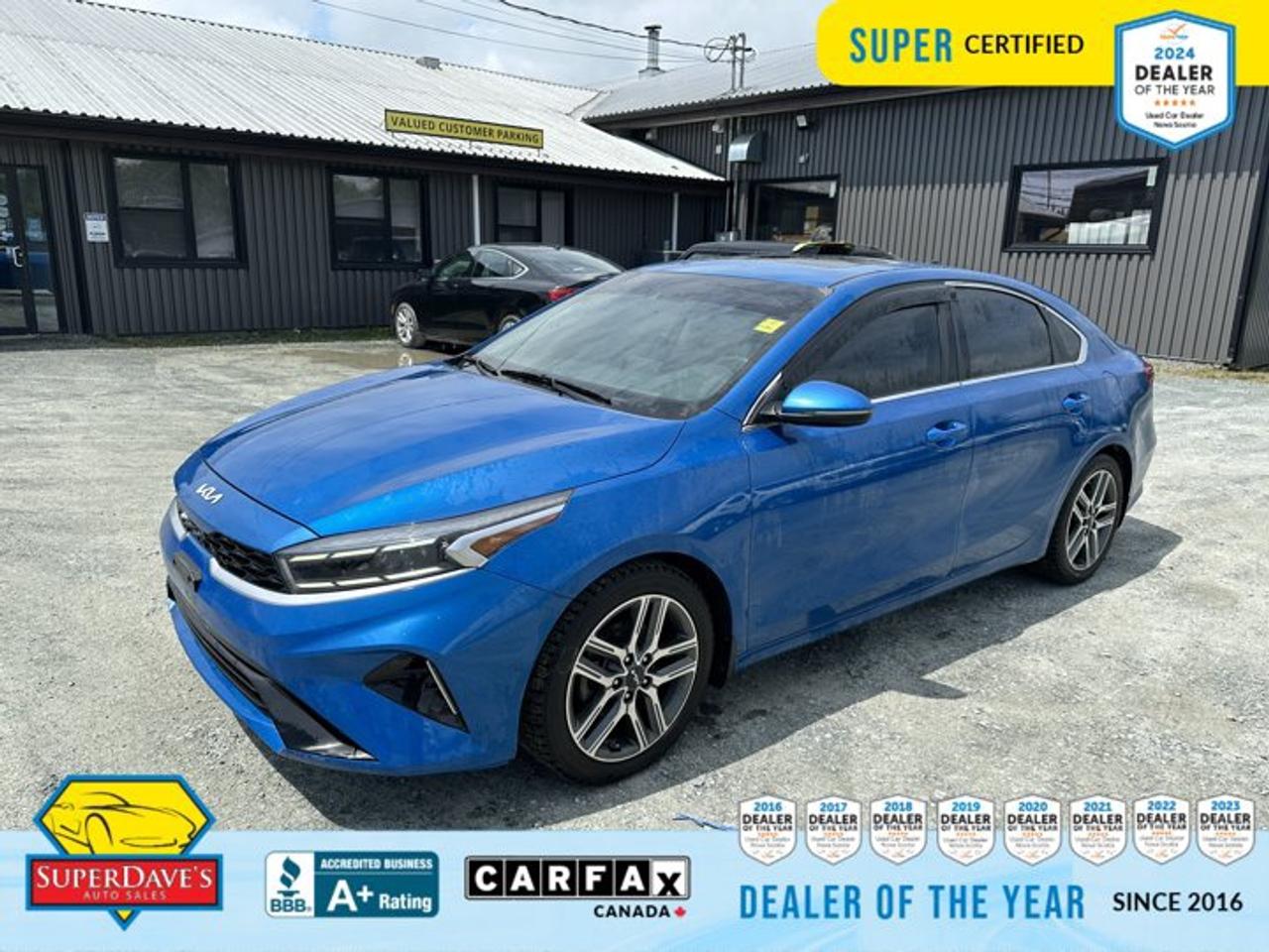 Meet this Super Certified 2023 Kia Forte EX in a striking blue finish   a roomy, tech-forward sedan thats ready to handle your daily commute and weekend plans with confidence. With 105,247 km on the odometer, this Forte brings a reliable 2.0L 4-cylinder engine paired to a smooth CVT and front-wheel drive for predictable, comfortable driving every day. Inside, youll appreciate the thoughtful comfort touches: premium synthetic seating with cooled and heated front seats, heated rear seating, a heated steering wheel, and an easy-to-use power drivers seat that make every trip more pleasant.<br><p>THE SUPER DAVES ADVANTAGE</p> <p>BUY REMOTE - No need to visit the dealership. Through email, text, or a phone call, you can complete the purchase of your next vehicle all without leaving your house!</p> <p>DELIVERED TO YOUR DOOR - Your new car, delivered straight to your door! When buying your car with Super Daves, well arrange a fast and secure delivery. Just pick a time that works for you and well bring you your new wheels!</p> <p>PEACE OF MIND WARRANTY - Every vehicle we sell comes backed with a warranty so you can drive with confidence.</p> <p>EXTENDED COVERAGE - Get added protection on your new car and drive confidently with our selection of competitively priced extended warranties.</p> <p>WE ACCEPT TRADES - We&rsquo;ll accept your trade for top dollar! We&rsquo;ll assess your trade in with a few quick questions and offer a guaranteed value for your ride. We&rsquo;ll even come pick up your trade when we deliver your new car.</p> <p>SUPER CERTIFIED INSPECTION - Every vehicle undergoes an extensive 120 point inspection, that ensure you get a safe, high quality used vehicle every time.</p> <p>FREE CARFAX VEHICLE HISTORY REPORT - If youre buying used, its important to know your cars history. Thats why we provide a free vehicle history report that lists any accidents, prior defects, and other important information that may be useful to you in your decision.</p> <p>METICULOUSLY DETAILED &ndash; Buying used doesn&rsquo;t mean buying grubby. We want your car to shine and sparkle when it arrives to you. Our professional team of detailers will have your new-to-you ride looking new car fresh.</p> <p>(Please note that we make all attempt to verify equipment, trim levels, options, accessories, kilometers and price listed in our ads however we make no guarantees regarding the accuracy of these ads online. Features are populated by VIN decoder from manufacturers original specifications. Some equipment such as wheels and wheels sizes, along with other equipment or features may have changed or may not be present. We do not guarantee a vehicle manual, manuals can be typically found online in the rare event the vehicle does not have one. Please verify all listed information with our dealership in person before purchase. The sale price does not include any ongoing subscription based services such as Satellite Radio. Any software or hardware updates needed to run any of these systems would also be the responsibility of the client. All listed payments are OAC which means On Approved Credit and are estimated without taxes and fees as these may vary from deal to deal, taxes and fees are extra. As these payments are based off our lenders best offering they may be subject to change without notice. Please ensure this vehicle is ready to be viewed at the dealership by making an appointment with our sales staff. We cannot guarantee this vehicle will be on premises and ready for viewing unless and appointment has been made.)</p>