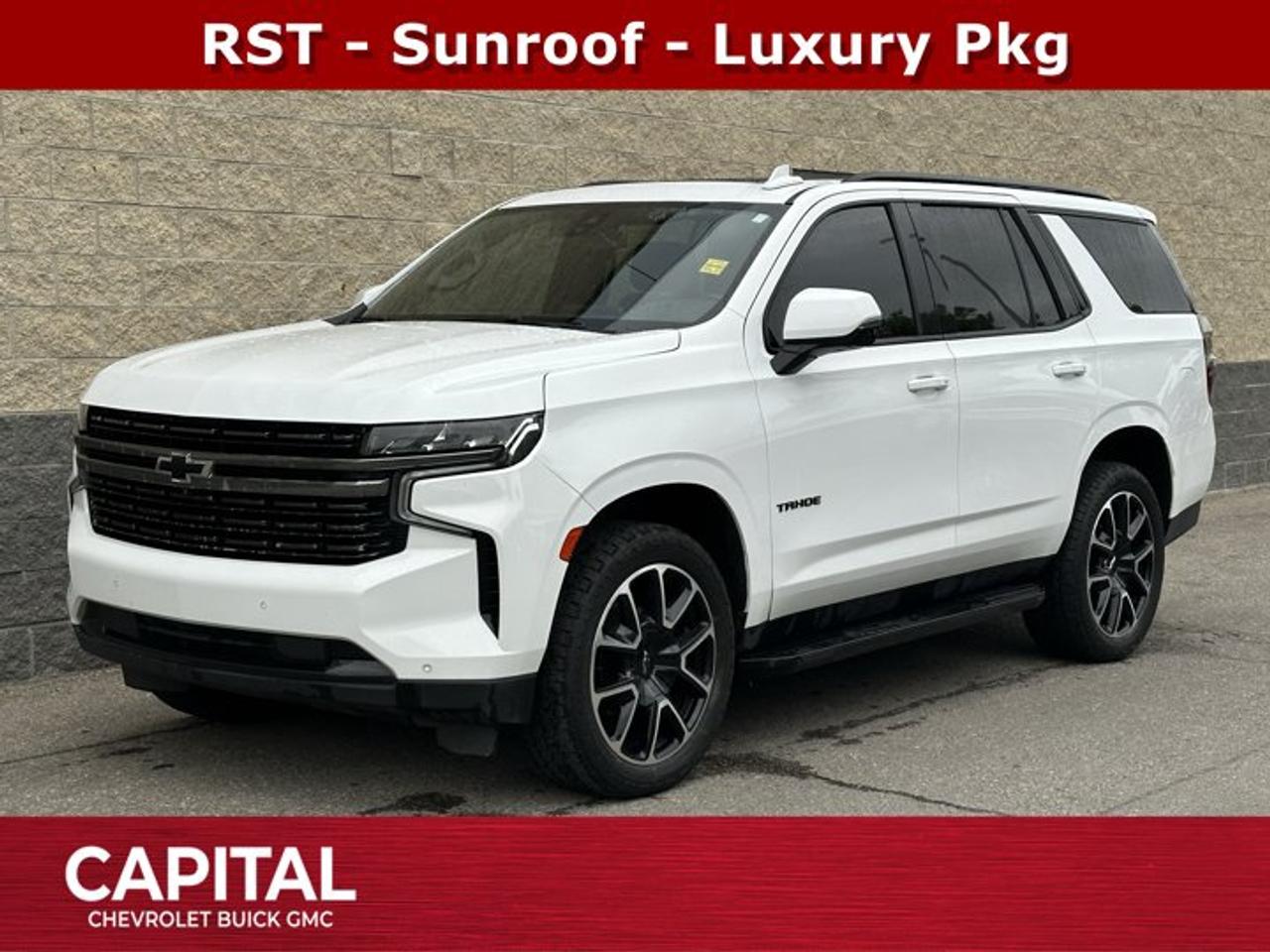 Recent Arrival!Ask for the Internet Department for more information or book your test drive today! Call 403-256-4960 for fast answers at your fingertips! Disclaimer: All prices are plus taxes. See dealer for details. AMVIC Licensed Dealer # B2020028.2022 Tahoe 10-Speed Automatic with Overdrive 4WD Tahoe RST, 4WD, Black Leather, 1st & 2nd Row Colour-Keyed Carpeted Floor Mats, 2nd Row Pwr Release 60/40 Split-Folding Bench Seat, 3rd Row 60/40 Power-Folding Split-Bench Seat, Air Conditioning, Auto-Dimming Inside Rear-View Mirror, Automatic Stop/Start, Bose 9-Speaker Stereo Audio System Feature, Bright Front & Rear Door Sill Plates, Colour-Keyed Carpeting Floor Covering, Driver & Front Outboard Passenger Airbags, Driver Alert Package, Dual-Pane Power Panoramic Sunroof, Enhanced Driver Information Centre, Floor Console w/Storage Area, Hands-Free Rear Power Programmable Liftgate, HD Surround Vision, Heated 2nd Row Outboard Seats, Heated Steering Wheel, Infotainment Display, Lane Change Alert w/Side Blind Zone Alert, Leather-Wrapped Steering Wheel, LED Daytime Running Lamps, Luxury Package, Memory Settings, Memory Settings for Driver, Outside Heated Power-Adjustable Mirrors, Power Liftgate, Power Tilt & Telescopic Steering Column, Preferred Equipment Group 1SP, Rear Cross Traffic Alert, Rear Pedestrian Alert, Remote Start, Set of 4 Wheel Locks (LPO), SiriusXM Radio w/360L, Start/Stop System Disable Button, Universal Home Remote, Wheels: 22 x 9 Bright Machined, Wireless Charging.Awards:* ALG Residual Value