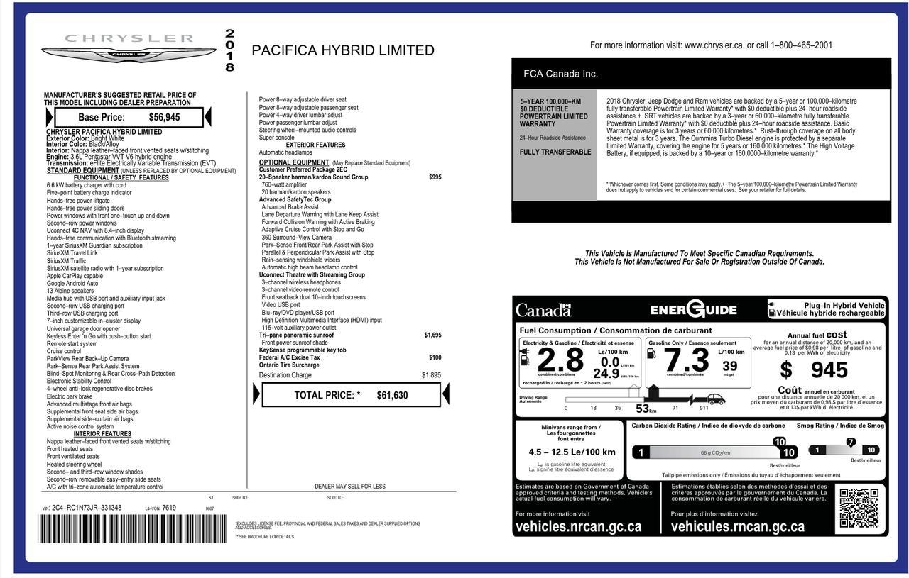2018 Chrysler Pacifica Hybrid Limited HYBRID+8 Pass+DVDs+Roof+CLEAN CARFAX Photo