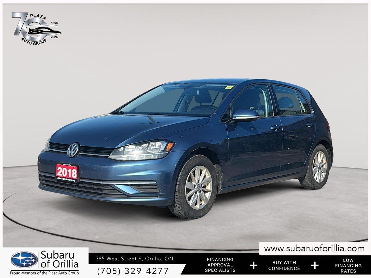 Experience the charm of the 2018 Volkswagen Golf Trendline, elegantly styled in a vivid blue hue and equipped with a smooth front-wheel drive system. This automatic hatchback promises agile handling, making it a perfect choice for city driving and weekend getaways.    Open the doors to discover a welcoming black interior that perfectly complements its stylish exterior. The Volkswagen Golfs trend-setting design is matched with practical features, including alloy wheels and a back-up camera, enhancing both aesthetics and convenience.    Stay connected and safe with smart device integration and a comprehensive suite of technological features such as Bluetooth connectivity and brake assist. Enjoy the comfort of heated seats and cruise control, while the keyless entry and power seats add to your ease of use. The vehicles power windows and air conditioning ensure a pleasant journey for all occupants.    This Volkswagen Golf is ideal for the modern driver who values reliability and innovative technology. Dont miss out on this opportunity; contact Subaru of Orillia today to learn more about this fantastic vehicle.           Plaza Auto Group, a Family Run Business For Over 70 Years. We strive to provide the highest quality experience in the automotive industry and we promise to not disappoint.      Experience the Plaza + Advantage      Lifetime Engine Warranty        Maintenance Loyalty Program        Double Ministry Standards        Haggle Free Pricing        Charitable Donation With Each Purchase        Full inspection report and Carfax        Looking to finance? We work with all major lenders to get you approved with the best available rates.      ONE KEY POLICY: All used cars come standard with One Key. In instances where the vehicle came with 2 Keys, both keys will be provided.