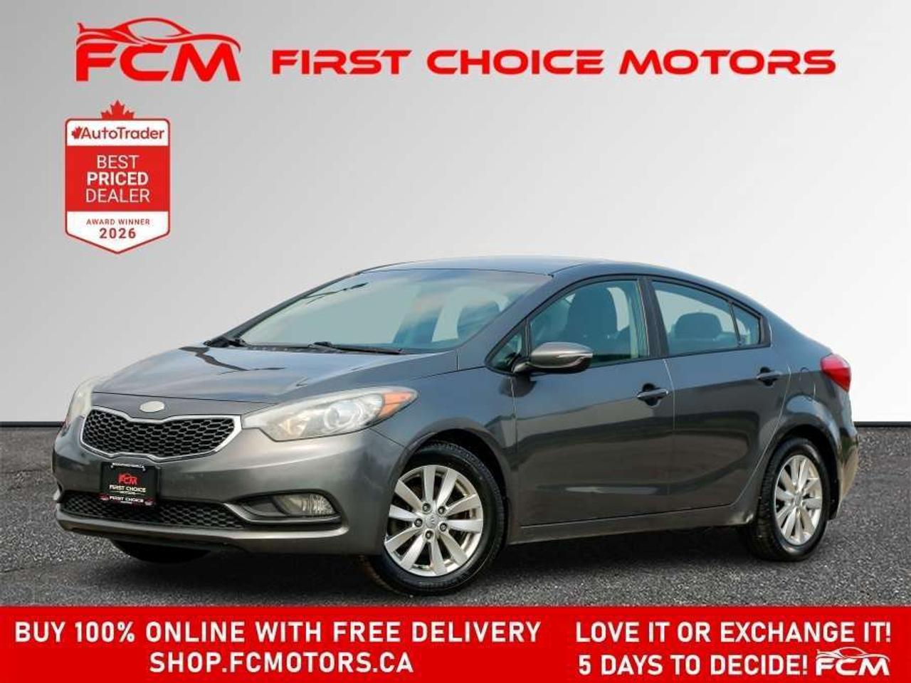 ** ** SPECIAL LIMITED TIME OFFER ** ** PURCHASE ANY VEHICLE THIS WEEK AND RECEIVE 4 BRAND-NEW ALL-SEASON TIRES AT NO ADDITIONAL COST!!! DONT MISS THIS EXCLUSIVE CHANCE TO UPGRADE YOUR RIDE AND STAY PREPARED FOR ANY WEATHER!!!       EXCITING NEWS FROM FIRST CHOICE MOTORS! Our brand-new online showroom is now open to the public, bringing the ultimate car shopping experience right to your fingertips! Enjoy a 100% online car shopping experience, with over 500 certified vehicles in stock, comprehensive protection plans, and thousands of new auto parts & accessories available! Plus, for a limited time, were offering FREE deliveries across Ontario on all vehicle purchases! Dont miss outvisit Shop.fcmotors.ca to find and upgrade your perfect vehicle today!      Welcome to First Choice Motors, the largest car dealership in Toronto of pre-owned cars, SUVs, and vans priced between $5000-$15,000. With an impressive inventory of over 300 vehicles in stock, we are dedicated to providing our customers with a vast selection of affordable and reliable options.       Were thrilled to offer a used 2014 Kia Forte LX, grey color with 182,000km (STK#10115) This vehicle was $6990 NOW ON SALE FOR $6490. It is equipped with the following features:   - Automatic Transmission   - Heated seats   - Bluetooth   - Alloy wheels   - Power windows   - Power locks   - Power mirrors   - Air Conditioning      At First Choice Motors, we believe in providing quality vehicles that our customers can depend on. All our vehicles come with a 36-day guarantee on all safety related items. We also offer additional warranty options up to 5 years for our customers who want extra peace of mind.      Furthermore, all our vehicles are sold fully certified with brand new brakes rotors and pads, a fresh oil change, and brand new set of all-season tires installed & balanced. You can be confident that this car is in excellent condition and ready to hit the road.      At First Choice Motors, we believe that everyone deserves a chance to own a reliable and affordable vehicle. Thats why we offer financing options with low interest rates starting at 7.9% O.A.C. Were proud to approve all customers, including those with bad credit, no credit, students, and even 9 socials. Our finance team is dedicated to finding the best financing option for you and making the car buying process as smooth and stress-free as possible.      Our dealership is open 7 days a week to provide you with the best customer service possible. We carry the largest selection of used vehicles for sale under $9990 in all of Ontario. We stock over 300 cars, mostly Hyundai, Chevrolet, Mazda, Honda, Volkswagen, Toyota, Ford, Dodge, Kia, Mitsubishi, Acura, Lexus, and more. With our ongoing sale, you can find your dream car at a price you can afford. Come visit us today and experience why we are the best choice for your next used car purchase!      All prices include $22.00 OMVIC Fee.  Excludes, license plates, ownership registration and ONTARIO HST (13%)   *No Credit Card payments can be accepted for Vehicle Purchases*    *No Credit Card payments can be accepted for Vehicle Purchases*