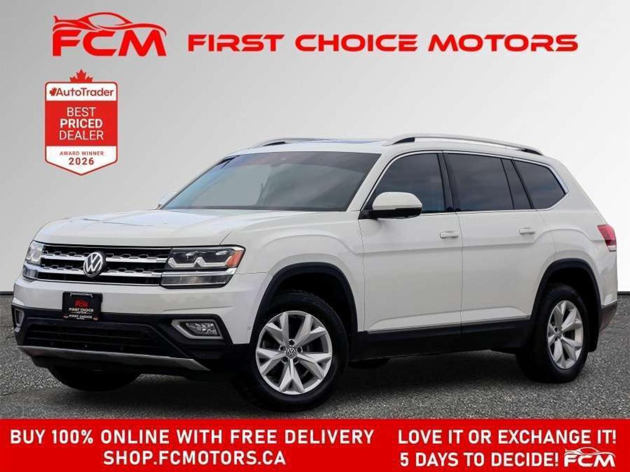 ** ** SPECIAL LIMITED TIME OFFER ** ** PURCHASE ANY VEHICLE THIS WEEK AND RECEIVE 4 BRAND-NEW ALL-SEASON TIRES AT NO ADDITIONAL COST!!! DONT MISS THIS EXCLUSIVE CHANCE TO UPGRADE YOUR RIDE AND STAY PREPARED FOR ANY WEATHER!!! <br> <br> EXCITING NEWS FROM FIRST CHOICE MOTORS! Our brand-new online showroom is now open to the public, bringing the ultimate car shopping experience right to your fingertips! Enjoy a 100% online car shopping experience, with over 500 certified vehicles in stock, comprehensive protection plans, and thousands of new auto parts & accessories available! Plus, for a limited time, were offering FREE deliveries across Ontario on all vehicle purchases! Dont miss outvisit Shop.fcmotors.ca to find and upgrade your perfect vehicle today!<br> <br> Welcome to First Choice Motors, the largest car dealership in Toronto of pre-owned cars, SUVs, and vans priced between $5000-$15,000. With an impressive inventory of over 300 vehicles in stock, we are dedicated to providing our customers with a vast selection of affordable and reliable options. <br> <br> Were thrilled to offer a used 2018 Volkswagen Atlas EXCELINE, white color with 177,000km (STK#10111) This vehicle was $16990 NOW ON SALE FOR $15990. It is equipped with the following features:<br> - Automatic Transmission<br> - Leather Seats<br> - Sunroof<br> - Heated seats<br> - Navigation<br> - All wheel drive<br> - Bluetooth<br> - Apple CarPlay<br> - Reverse camera<br> - Alloy wheels<br> - 7 Passenger<br> - Power windows<br> - Power locks<br> - Power mirrors<br> - Air Conditioning<br> <br> At First Choice Motors, we believe in providing quality vehicles that our customers can depend on. All our vehicles come with a 36-day guarantee on all safety related items. We also offer additional warranty options up to 5 years for our customers who want extra peace of mind.<br> <br> Furthermore, all our vehicles are sold fully certified with brand new brakes rotors and pads, a fresh oil change, and brand new set of all-season tires installed & balanced. You can be confident that this car is in excellent condition and ready to hit the road.<br> <br> At First Choice Motors, we believe that everyone deserves a chance to own a reliable and affordable vehicle. Thats why we offer financing options with low interest rates starting at 7.9% O.A.C. Were proud to approve all customers, including those with bad credit, no credit, students, and even 9 socials. Our finance team is dedicated to finding the best financing option for you and making the car buying process as smooth and stress-free as possible.<br> <br> Our dealership is open 7 days a week to provide you with the best customer service possible. We carry the largest selection of used vehicles for sale under $9990 in all of Ontario. We stock over 300 cars, mostly Hyundai, Chevrolet, Mazda, Honda, Volkswagen, Toyota, Ford, Dodge, Kia, Mitsubishi, Acura, Lexus, and more. With our ongoing sale, you can find your dream car at a price you can afford. Come visit us today and experience why we are the best choice for your next used car purchase!<br> <br> All prices include $22.00 OMVIC Fee.  Excludes, license plates, ownership registration and ONTARIO HST (13%)<br> *No Credit Card payments can be accepted for Vehicle Purchases*<br/><br/>*No Credit Card payments can be accepted for Vehicle Purchases*