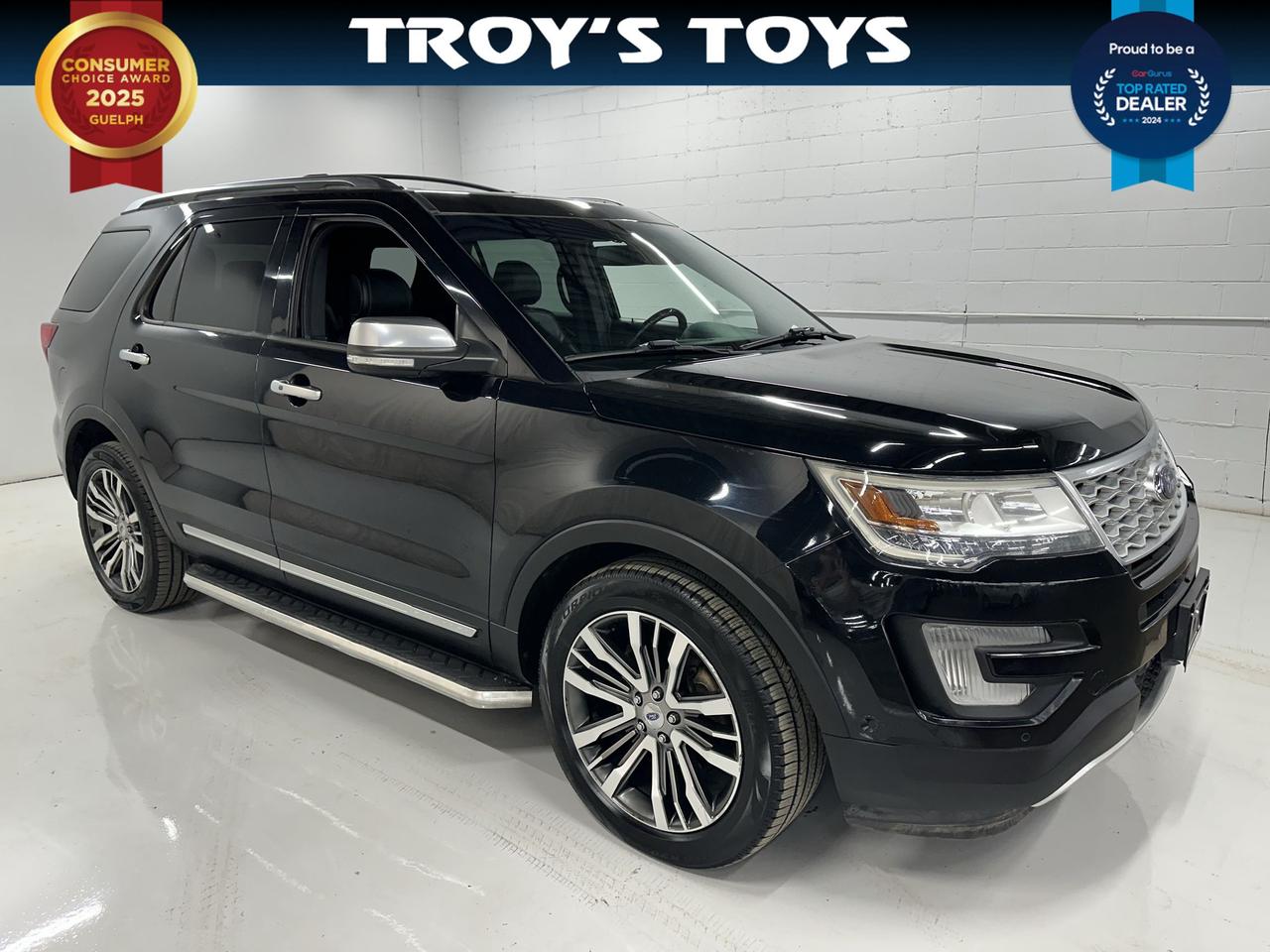 <p>Experience the pinnacle of SUV luxury and capability with this stunning pre-owned 2017 Ford Explorer Platinum, proudly offered at Troys Toys. Dressed in an elegant, timeless black exterior and complemented by a sophisticated black interior, this Explorer exudes a presence that commands attention on any road. Whether youre navigating the city streets or venturing off the beaten path, the robust 4-wheel drive system ensures confident handling and exceptional traction in all Canadian conditions.</p><p>Step inside this spacious SUV and discover a world of comfort and advanced technology designed to elevate every journey. With its generous four-door configuration and versatile SUV/Crossover body style, this Explorer Platinum is perfectly suited for families, adventurers, or anyone who demands both practicality and premium refinement. The smooth automatic transmission and powerful gasoline engine provide a driving experience that is both responsive and enjoyable, making every drive a pleasure. This remarkable 2017 Ford Explorer Platinum has 172,649 kilometers on the odometer, representing a fantastic opportunity to own a feature-rich, top-tier SUV.</p><p>Here are 5 of the most sizzling features that make this 2017 Ford Explorer Platinum an exceptional choice:</p><ul><li><strong>Platinum Trim Excellence:</strong> Experience the highest level of luxury and refinement, evident in every detail from premium materials to sophisticated design elements.</li><li><strong>4-Wheel Drive Capability:</strong> Conquer any terrain or weather with confidence, thanks to the intelligent 4-wheel drive system that provides superior grip and control.</li><li><strong>Spacious & Versatile SUV/Crossover:</strong> Enjoy ample room for passengers and cargo, making it the ultimate vehicle for family road trips, weekend getaways, and everyday errands.</li><li><strong>Elegant Black on Black Aesthetic:</strong> Turn heads with the striking combination of a deep black exterior and a sleek black interior, offering a timeless and luxurious appearance.</li><li><strong>Advanced Technology & Comfort:</strong> Indulge in a suite of cutting-edge features designed to enhance your driving experience, ensuring every mile is as comfortable as it is connected.</li></ul><p><strong><em>Powered by AutoIntelligence&trade;</em></strong></p><p>Vehicle information has been generated using artificial intelligence and is provided for informational purposes only. While efforts are made to ensure accuracy, please confirm all details directly with the dealer.</p>