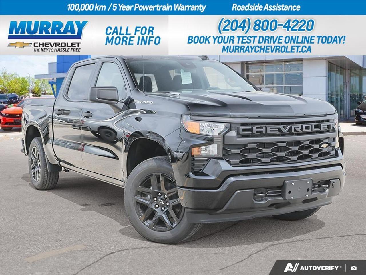 * AUTO-LOCKING REAR DIFFERENTIAL * * ENGINE 2.7L TURBOMAX * * TRANSMISSION 8-SPEED AUTOMATIC *  The 2026 Chevrolet Silverado 1500 Custom Crew Cab Pickup in sleek black is a standout in Winnipeg. With its powerful Turbocharged Gas I4 2.7L engine, this truck delivers an impressive 310 hp and 430 lb-ft of torque, perfect for all your hauling needs. The 8-speed automatic transmission ensures smooth and efficient driving, whether you&rsquo;re on the highway or navigating city streets.  This Silverado is equipped with premium features designed for comfort and convenience. Enjoy the luxury of remote engine start, a power driver seat, and keyless entry, making every drive a pleasure. The integrated trailer brake controller and tow hitch enhance its capability, while the front collision mitigation system and lane keeping assist offer peace of mind on the road.  Inside, the jet black cloth seats provide a comfortable and stylish ride, with smart device integration keeping you connected. The 20 high gloss black painted aluminum wheels and Chevytec spray-on bedliner add a touch of sophistication to this robust truck. Experience the perfect blend of power, technology, and style with this exceptional Silverado.   Dealer Permit #1740