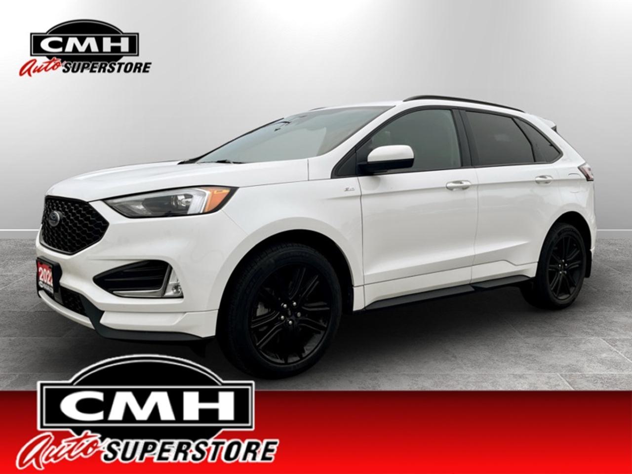 <b>ALL WHEEL DRIVE !! REAR CAMERA W/PARK SENSORS, BLIND SPOT MONITORING, CROSS TRAFFIC ALERT, ADAPTIVE CRUISE, LANE ASSIST, APPLE CARPLAY, ANDROID AUTO, WIRELESS CHARGING PAD, LEATHER, POWER HEATED SEATS, GEARED STEERING WHEEL, POWER LIFTGATE, 20-IN ALLOYS</b><br>  <br>CMH certifies that all vehicles meet DOUBLE the Ministry standards for Brakes and Tires. The advertised price is the promotional financing price. For all other methods of payment, the selling price is $500 higher.<br><br> <br>This 2022 Ford Edge is for sale today.<br> <br>With meticulous attention to detail and amazing style, the Ford Edge seamlessly integrates power, performance and handling with awesome technology to help you multitask your way through the challenges that life throws your way. Made for an active lifestyle and spontaneous getaways, the Ford Edge is as rough and tumble as you are. Push the boundaries and stay connected to the road with this sweet ride!<br> <br>This SUV has 107,647 km. Its Star White Tri-Coat in colour. It has an Automatic transmission and is powered by a 250HP 2.0L 4 Cylinder Engine. <br> <br> Our Edges trim level is ST Line. This Ford Edge ST-Line was developed for drivers that value aggressive styling and ultimate fuel economy. More than exclusive styling, you also get ActiveX trimmed seats, SYNC 4 with enhanced voice recognition, larger dark aluminum wheels, SiriusXM and a massive 12 inch touchscreen featuring wireless Apple CarPlay and Android Auto. It also comes with FordPass Connect 4G LTE, heated ActiveX power seats with memory settings, a leather steering wheel with cruise control and audio controls, plus a foot-activated power liftgate! To match safety with performance, this impressive SUV also includes blind spot detection, lane keep assist, front fog lights, rear parking sensors, remote engine start, automatic emergency braking, a rear view camera and so much more!<br> To view the original window sticker for this vehicle view this <a href=http://www.windowsticker.forddirect.com/windowsticker.pdf?vin=2FMPK4J90NBA87803 target=_blank>http://www.windowsticker.forddirect.com/windowsticker.pdf?vin=2FMPK4J90NBA87803</a>. <br/><br> <br>To apply right now for financing use this link: <a href=https://www.cmhniagara.com/financing/ target=_blank>https://www.cmhniagara.com/financing/</a><br> <br/><br>**PLEASE NOTE:** The functionality and condition of any accessories and aftermarket parts are not guaranteed by CMH Auto Superstore. Examples of such items include, but are not limited to: tonneau covers, radios, cameras, remote starts, vent visors, roof racks, winches, light bars, headlights/tail lights, center caps, running boards, etc. If an aftermarket part is safety-related and found to be defective, it will be replaced by a factory option.<br><b>**CMH Auto Superstore reserves the right to choose to repair, modify, or replace all aftermarket parts (example  headlights) or accessories at its sole discretion.**</b><br><br>Trade-ins are welcome! Financing available OAC ! Price INCLUDES a valid safety certificate! Price INCLUDES a 60-day limited warranty on all vehicles except classic or vintage cars. CMH is a Full Disclosure dealer with no hidden fees. We are a family-owned and operated business for over 30 years! o~o