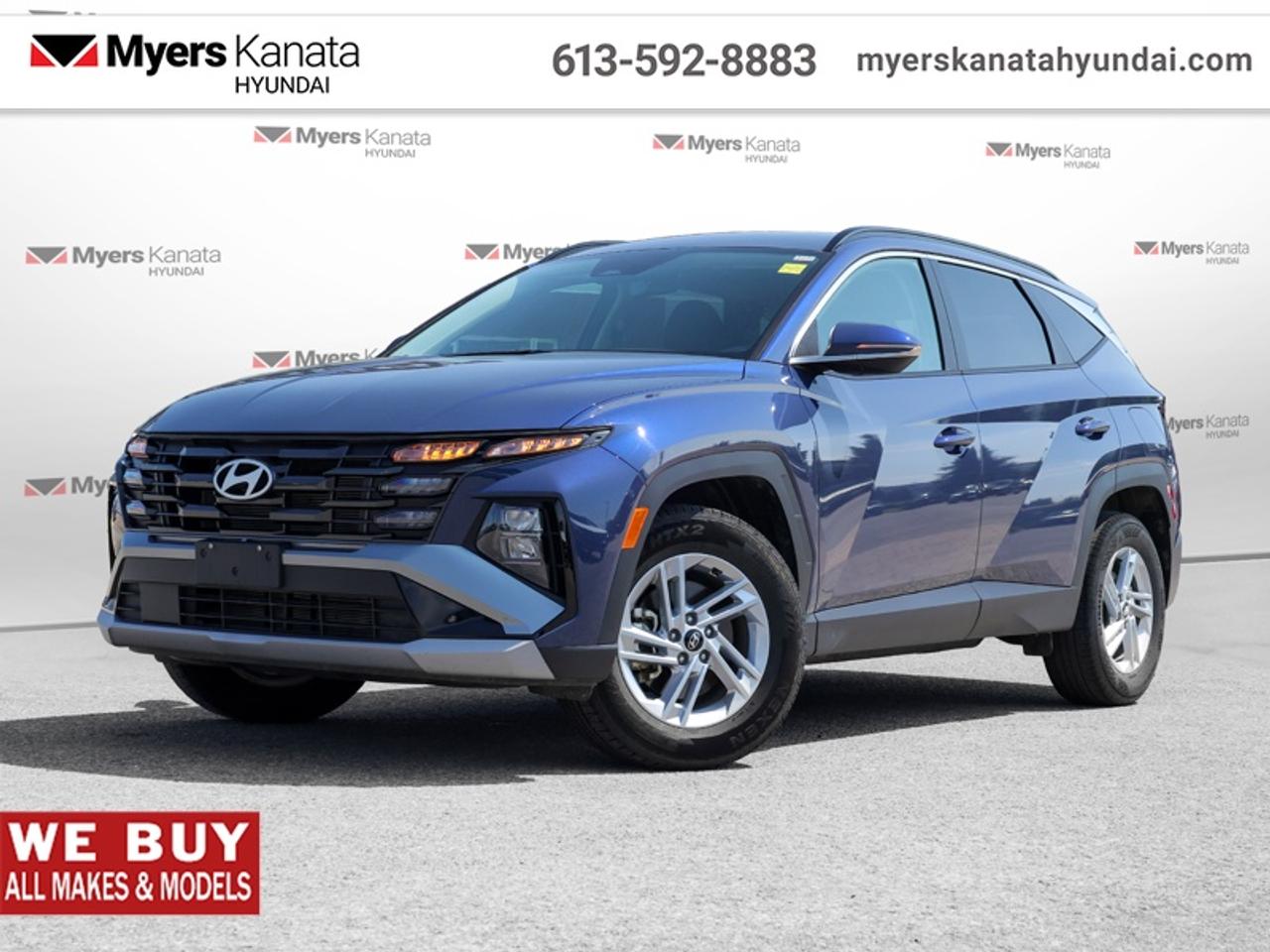 <b>Heated Seats,  Heated Steering Wheel,  Adaptive Cruise Control,  Remote Start,  Blind Spot Detection!</b><br> <br> Highways, byways, urban sprawls, and remote expanses, this 2025 Hyundai Tucson does it all with ease and grace. This 2025 Hyundai Tucson is fresh on our lot in Kanata.<br> <br>This 2025 Hyundai Tucson was made with eye for detail. From subtle surprises to bold design features, every part of this 2025 Hyundai Tucson is a treat. Stepping into the interior feels like a step right into the future with breathtaking technology and luxury that will make your smartphone jealous. Add on an intelligently capable chassis and drivetrain and you have the SUV of the future, ready for you today.<br> <br>This SUV has 60,394 km. Its Atlantis Blue in colour. It has an Automatic transmission and is powered by a 187HP 2.5L 4 Cylinder Engine. <br> <br> Our Tucsons trim level is Preferred AWD. This amazing crossover SUV features a full-time all-wheel-drive system, and is decked with a great number of standard features such as heated front seats, a heated leather-wrapped steering wheel, proximity keyless entry with push button start, remote engine start, and a 12.3-inch infotainment screen bundled with Apple CarPlay and Android Auto, with a 6-speaker audio system. Occupant safety is assured, thanks to adaptive cruise control, blind spot detection, lane keep assist with lane departure warning, forward collision avoidance with pedestrian and cyclist detection, and a rear view camera. Additional features include LED headlights with automatic high beams, towing equipment with trailer sway control, and even more. This vehicle has been upgraded with the following features: Heated Seats, Heated Steering Wheel, Adaptive Cruise Control, Remote Start, Blind Spot Detection, Lane Keep Assist, Lane Departure Warning.<br> <br>To apply right now for financing use this link: <a href=https://www.myerskanatahyundai.com/finance/ target=_blank>https://www.myerskanatahyundai.com/finance/</a><br> <br/><br>Smart buyers buy at Myers where all cars come Myers Certified including a 1 year tire and road hazard warranty (some conditions apply, see dealer for full details.)<br> <br>This vehicle is located at Myers Kanata Hyundai 400-2500 Palladium Dr Kanata, Ontario.<br>*LIFETIME ENGINE TRANSMISSION WARRANTY NOT AVAILABLE ON VEHICLES WITH KMS EXCEEDING 140,000KM, VEHICLES 8 YEARS & OLDER, OR HIGHLINE BRAND VEHICLE(eg. BMW, INFINITI. CADILLAC, LEXUS...)<br> Come by and check out our fleet of 30+ used cars and trucks and 170+ new cars and trucks for sale in Kanata.  o~o