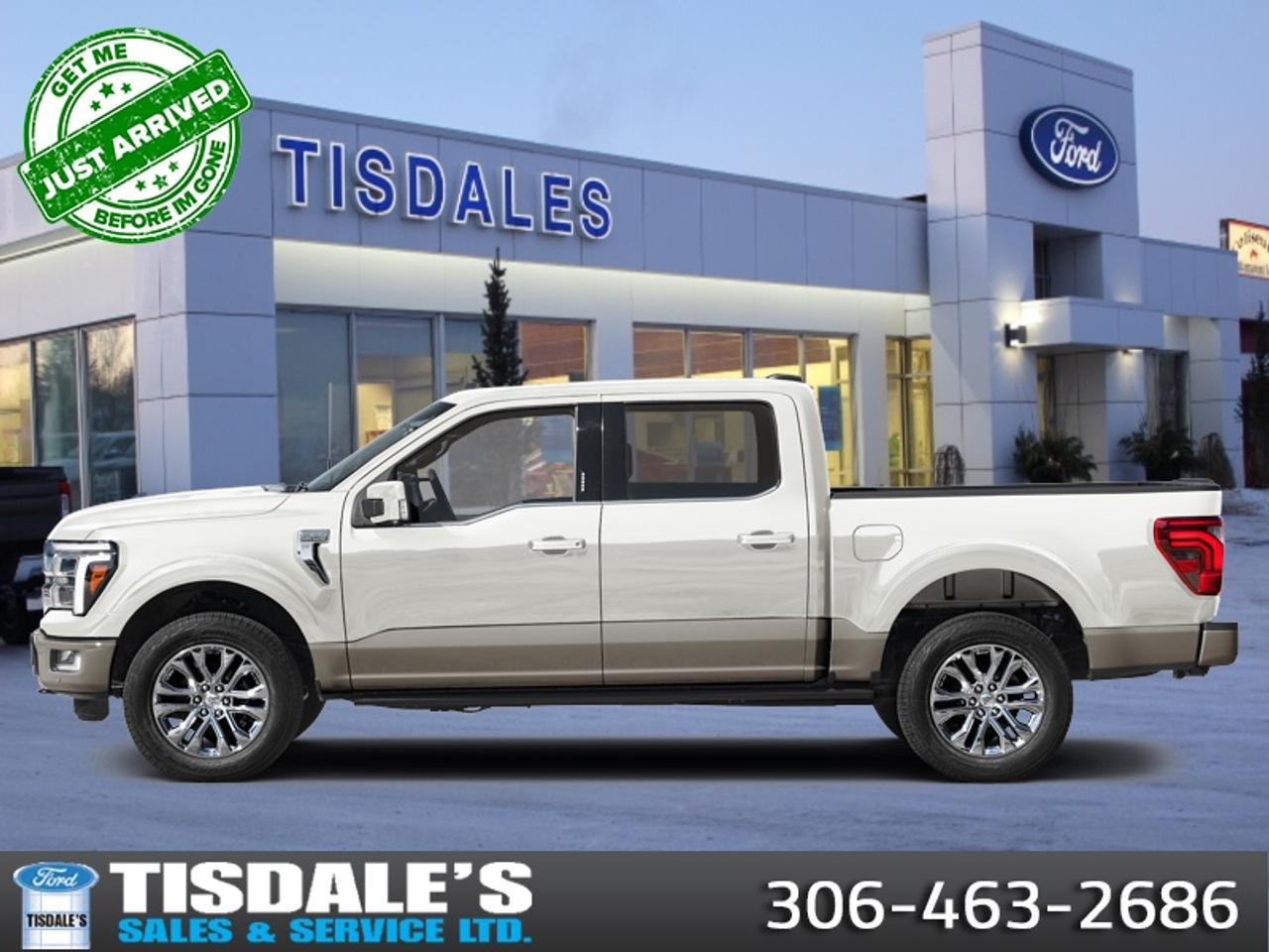 <b>Sunroof, Power Running Boards, HUD, B&O Audio, Cooled Seats, Remote Start, Adaptive Cruise Control, Heated Steering Wheel, Running Boards, 360 Camera, Climate Control, Navigation, Mobile Hotspot, Blind Spot Detection, Lane Keep Assist</b><br> <br> Check out the large selection of new Fords at Tisdales today!<br> <br>The 2026 Ford F-150 blends everyday usability, robust build quality and forward-looking design into a pickup that truly serves you.<br> <br>The 2026 Ford F-150 combines proven leadership in toughness with smart innovation to deliver a truck built for real-world demands. Inside, the cabin features refined materials, intuitive tech and comfortable seating to support both driver and passengers on every journey. With its strong presence, flexible design and Fords legacy of dependability, the F-150 is ready for whatever work or play you throw its way.<br> <br>This Star White Tri-Coat Crew Cab 4X4 pickup has an Automatic transmission and is powered by a 382HP 3.5L V6 Cylinder Engine. <br> <br> Our F-150s trim level is King Ranch. Tailored for the premium truck enthusiast who demands elite craftsmanship alongside heavy-duty utility, this exceptional pickup commands the road with a colored grille with a chrome surround, directionally adaptive projector-beam LED headlights, power running boards, a power open and close tailgate with an integrated step, and brilliant chrome-like PVD wheels. Inside, the magnificent cabin wraps you in pure luxury with genuine wood trim, leather console inserts, a power tilt-and-telescoping heated steering wheel, and heated and ventilated King Ranch multicontour leather front seats with Active Motion massage features. Every drive is further elevated by a premium 14-speaker B&O Unleashed sound system, voice-activated dual-zone automatic climate control, power-adjustable pedals, and a 12-inch SYNC 4 display with connected navigation and wireless smartphone compatibility. Finally, you can travel with ultimate confidence under the protection of advanced safety systems including BlueCruise driving technology, an aerial view camera system, adaptive cruise control with stop-and-go, and a blind spot information system with cross-traffic alert.<br><br> View the original window sticker for this vehicle with this url <b><a href=http://www.windowsticker.forddirect.com/windowsticker.pdf?vin=1FTFW6L8XTFB77637 target=_blank>http://www.windowsticker.forddirect.com/windowsticker.pdf?vin=1FTFW6L8XTFB77637</a></b>.<br> <br>To apply right now for financing use this link: <a href=http://www.tisdales.com/shopping-tools/apply-for-credit.html target=_blank>http://www.tisdales.com/shopping-tools/apply-for-credit.html</a><br> <br/>Total rebate of $6750 is reflected in the price. Incentives expire 2026-07-31. See dealer for details. <br><br>Tisdales is not your standard dealership. Sales consultants are available to discuss what vehicle would best suit the customer and their lifestyle, and if a certain vehicle isnt readily available on the lot, one will be brought in.<br> Come by and check out our fleet of 20+ used cars and trucks and 90+ new cars and trucks for sale in Kindersley.  o~o