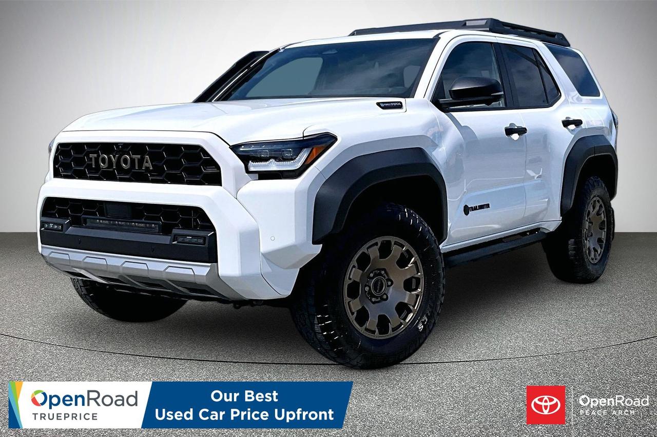 The 2025 Toyota 4Runner Hybrid Trailhunter is built for serious adventure, combining rugged capability with hybrid efficiency. Its i-FORCE MAX turbocharged hybrid powertrain delivers impressive torque, paired with full-time four-wheel drive and an 8-speed automatic transmission. Trail-ready upgrades include ARB Old Man Emu suspension, 33-inch all-terrain tires, high-strength skid plates, rock rails, and a raised air intake for demanding terrain. Inside, enjoy heated SofTex-trimmed seats, a 14-inch touchscreen, wireless Apple CarPlay and Android Auto, panoramic camera views, and Toyota Safety Sense 3.0. This SUV offers exceptional off-road confidence while maintaining comfort, advanced technology, durability, and everyday practicality.  Have confidence with your OpenRoad purchase! Every OpenRoad Certified Pre-Owned vehicle comes fully reconditioned and complete with a comprehensive 153 point mechanical inspection, a CarFax history & lien report, a 3-Day Money Back Guarantee, a 30-Day/2,000 kms Exchange Policy, a 90-Day/5,000 kms Powertrain Warranty, guaranteed clear title, and membership to our exclusive Club OpenRoad! As a proud member of the OpenRoad Auto Group, a trusted name since 2000 serving the Lower mainland (including White Rock, Surrey, Langley, Maple Ridge, Delta, Richmond, Mission and beyond) with outstanding Toyota vehicles, Toyota parts, and Toyota service since 1966! OpenRoad Toyota Peace Arch is a &ldquo;True Price&rdquo; dealer, meaning no inflated prices, and no need for back and forth haggling! We use up to the minute technology offering LIVE MARKET VALUE PRICING to ensure you are receiving the most competitive price possible on all of our Pre-Owned vehicles!  All advertised vehicle prices do not include our $699 documentation fee.