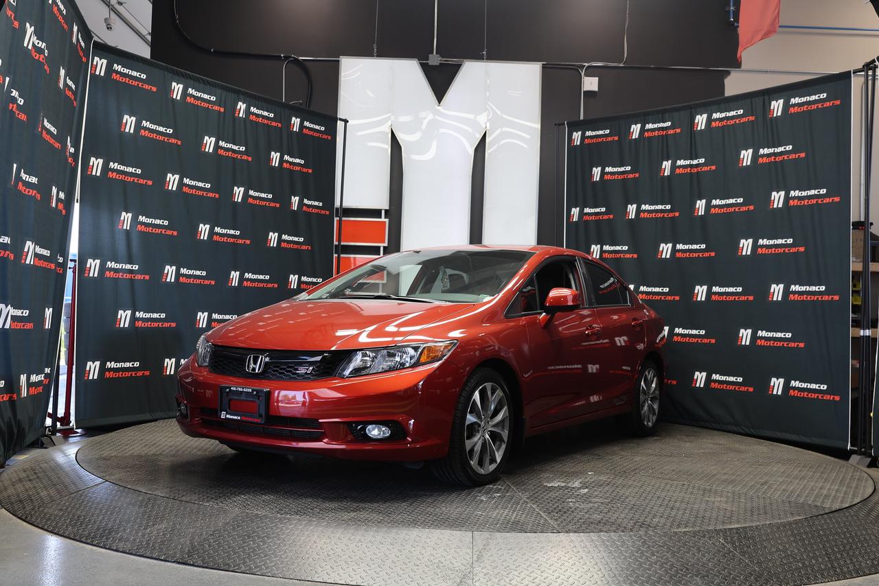 <p>Special Finance Price: $18,999 | Cash Price: $20,499</p><p>2012 Honda Civic Si Sedan 6-Speed Manual - No Accidents, Clean Carfax- Low KM,&nbsp;Sunroof, Bluetooth, Air Conditioning, USB/AUX, Cruise Control, Leather-Wrapped Steering Wheel, Sport Seats, 17 Alloy Wheels, Fog Lights, Rear Spoiler, Power Locks, And Much More.</p><p><br>Odometer: 59,000KM.</p><p>Call Us: (416) 766-6226</p><p>Monaco Motorcars Inc.</p><p>Location: 112 King St, Barrie, ON</p><p>Business Hours:</p><p>Monday - Friday: 8am - 6pm</p><p>Saturday: 10am - 5pm</p><p>Sunday : 10am - 3pm</p><p>www.monacomotorcars.com</p><p>All our vehicles go through an Ontario Standard Certification Inspection where we make sure the car is safe so you don&rsquo;t have to. An additional cost of $999 will be applied to all Certified vehicles. If not certified as per OMVIC regulations vehicle is not drivable, not certified and not e-tested. Each Certified vehicle comes with an Ontario Safety Certification and a 36-day or 2000 KM Safety Warranty. At Monaco Motorcars, we are revolutionizing the car buying experience. Come see the difference. Full vehicle history is disclosed prior to closing a deal because we want you to know everything about your next vehicle. Countless Financing options are available including $0 DOWN!!! (O.A.C.) All credit types welcome! Bad/Good/No Credit, bankruptcy, consumer proposal, new to Canada, student. Hassle-free approvals. No matter what your credit situation is, You Are Approved. Conditions apply. We Accept Trade-Ins! Bring it by for an Appraisal. Multiple extended warranty options are available to choose from.</p><p>We Are Proud To Serve Clients All Over Canada & Ontario - Toronto, Markham, Richmond Hill, Mississauga, Oshawa, Etobicoke, Newmarket, Pickering, Whitby, Ajax, North York, Scarborough, Barrie, Orangeville, Waterloo, Milton, Kitchener, Ottawa, Aurora, London, Kingston, Hamilton, Muskoka, Belleville, Brant, Brantford, Brockville, Cornwall, Windsor, Sudbury, Guelph, Orillia, Sarnia, Timmins, Thunder Bay, Welland, Pembroke, St Catharines, St. Thomas, Thorold, Ottawa, Owen Sound, Haldimand County, Kenora and Niagara Falls.</p><p>PRICES DISPLAYED: HST and licensing fees are not included.</p><p>FINANCING OPTIONS: Enjoy rates as low as 6.99% with $0 down and no payments for 3 months (O.A.C). Our expert financing team partners with major banks and lenders to secure the lowest rates and most flexible terms for your car loan. A $999 documentation fee applies.</p><p>We strive to provide accurate and up-to-date listing information; however, Monaco Motorcars is not responsible for any errors, omissions, or typographical mistakes. Prices are subject to change without notice. Please contact us to confirm details.</p>