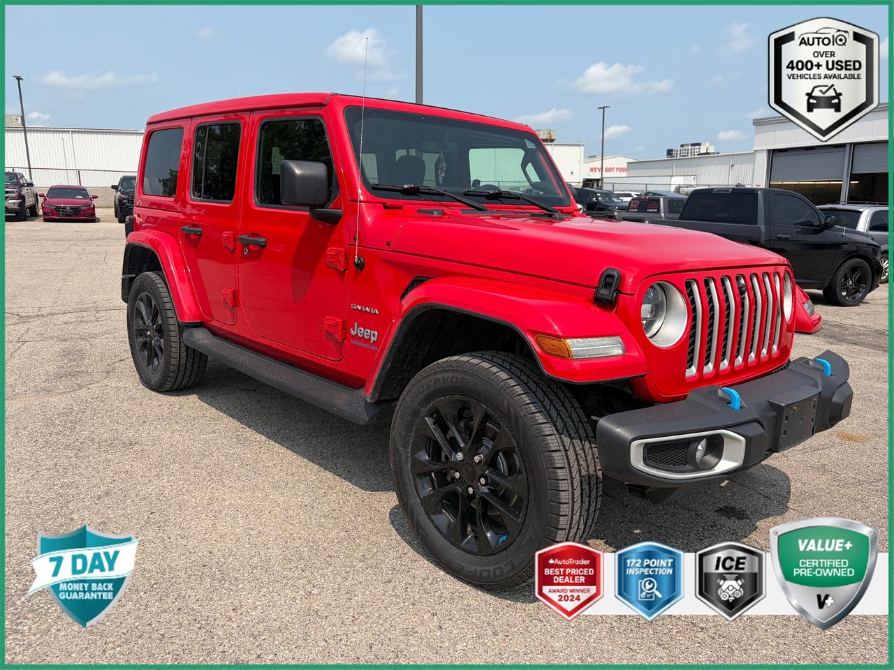 CARFAX One Owner, No Reported Accidents | Integrated Off-Road Camera | Apple CarPlay & Android Auto | Alpine Premium Audio | NAV 8.4inch Display<br><br>Remote Start, 2.0L I4 DOHC, 3.73 Rear Axle Ratio, 4-Wheel Disc Brakes, 9 Speakers, ABS brakes, Air Conditioning, Apple CarPlay/Android Auto, Auto-dimming Rear-View mirror, Automatic temperature control, Brake assist, Cold Weather Group, Compass, Convertible HardTop, Delay-off headlights, Driver door bin, Driver vanity mirror, Dual front impact airbags, Dual front side impact airbags, Electronic Stability Control, Emergency communication system: SiriusXM Guardian, Freedom Panel Storage Bag, Front anti-roll bar, Front Bucket Seats, Front dual zone A/C, Front fog lights, Front Heated Seats, Front reading lights, Fully automatic headlights, Garage door transmitter, Glass rear window, Heated door mirrors, Heated Steering Wheel, Illuminated entry, Integrated Off-Road Camera, Integrated roll-over protection, Leather Shift Knob, Leather-Faced Seats w/Sahara Logo, Low tire pressure warning, Occupant sensing airbag, Outside temperature display, Panic alarm, ParkView Rear Back-Up Camera, Passenger door bin, Passenger vanity mirror, Power door mirrors, Power steering, Power windows, Quick Order Package 29P Sahara, Radio data system, Radio: Uconnect 4C Nav w/8.4 Display, Rear anti-roll bar, Rear Glass Quarter Panel Storage Bag, Rear reading lights, Rear Window Defroster, Rear window defroster, Rear window wiper, Rear Window Wiper w/Washer, Remote keyless entry, Remote Start System, Removable Rear Glass Quarter Panels, Security system, Side Steps w/Diamond-Plate Pattern, Sky 1-Touch Power Top, Speed control, Split folding rear seat, Sport Suspension, Steering wheel mounted audio controls, Tachometer, Telescoping steering wheel, Tilt steering wheel, Traction control, Trip computer, Variably intermittent wipers, Voltmeter, Wheels: 20 x 8 Fully Painted Aluminum.<br><br>Firecracker Red Clearcoat<br>2023 Jeep Wrangler Sahara 4xe<br>4D Sport Utility<br>2.0L I4 DOHC 8-Speed Automatic<br>4WD<p> </p>

<h4>VALUE+ CERTIFIED PRE-OWNED VEHICLE</h4>

<p>
- 36-point Provincial Safety Inspection<br>
- 172-point inspection combined mechanical, aesthetic, functional inspection including a vehicle report card<br>
- Warranty: 30 Days or 1500 KMS on mechanical safety-related items and extended plans are available<br>
- Complimentary CARFAX Vehicle History Report<br>
- 2X Provincial safety standard for tire tread depth<br>
- 2X Provincial safety standard for brake pad thickness<br>
- 7 Day Money Back Guarantee*<br>
- Market Value Report provided<br>
- Complimentary 3 months SIRIUS XM satellite radio subscription on equipped vehicles<br>
- Complimentary wash and vacuum<br>
- Vehicle scanned for open recall notifications from manufacturer
</p>

<p>SPECIAL NOTE: This vehicle is reserved for AutoIQs retail customers only. Please, No dealer calls. Errors & omissions excepted.</p>

<p>*As-traded, specialty or high-performance vehicles are excluded from the 7-Day Money Back Guarantee Program (including, but not limited to Ford Shelby, Ford mustang GT, Ford Raptor, Chevrolet Corvette, Camaro 2SS, Camaro ZL1, V-Series Cadillac, Dodge/Jeep SRT, Hyundai N Line, all electric models)</p>