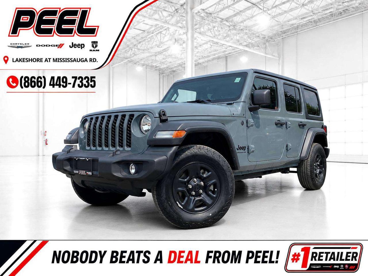COME SEE WHY NOBODY BEATS A DEAL FROM PEEL! Your Source for ALL make and models used cars and trucks. 2024 Jeep Wrangler 4Dr Sport 4X4 | 2.0L Turbo Engine | Anvil | Cloth Front Bucket Seats | Uconnect 5 w/ 12.3" Touchscreen Display | Wireless Apple CarPlay & Android Auto | 8-speaker Sound System w/ Overhead Sound Bar | Dual-zone Automatic Climate Control | Trailer Tow & HD Electrical Group | Class II Hitch Receiver | 4 & 7-pin Wiring Harness | 4 Auxiliary Switches | Black Freedom 3-piece Hard Top This 2024 Jeep Wrangler Sport comes finished in Anvil and is powered by the 2.0L Turbo Engine, giving you responsive everyday performance with the open-air freedom and proven 4X4 capability that make the Wrangler unlike anything else on the road. Inside, the massive 12.3-inch Uconnect 5 touchscreen with wireless Apple CarPlay and Android Auto gives this Sport the modern technology buyers want, while dual-zone automatic climate control and the overhead sound bar make it comfortable and enjoyable for everyday driving. The Black Freedom 3-piece Hard Top gives you year-round practicality while still allowing you to open up the roof when the weather is right. It is also properly equipped for weekend use with the Trailer Tow & HD Electrical Group, including a Class II hitch receiver, 4- and 7-pin trailer wiring, and four auxiliary switches for adding accessories. This is a clean, straightforward Wrangler that gives you the iconic Jeep look, modern technology, towing utility, and genuine open-air 4X4 capability without paying for equipment you may not need. ______________________________________________________ FREE CarFax included! Click the CarFax link in the listing to view the report. Our advertised prices are for consumers/end users only and are not intended for dealer, wholesale, exporter, or broker purchases. ______________________________________________________ Peel Chrysler is based in Port Credit, Mississauga, and proudly serves customers across Ontario and Canada, including Toronto, Oakville, North York, Richmond Hill, Ajax, Hamilton, Niagara Falls, Brampton, Scarborough, Vaughan, London, Windsor, Cambridge, Kitchener, Waterloo, Brantford, Sarnia, Pickering, Huntsville, Milton, Woodbridge, Aurora, Newmarket, Orangeville, Georgetown, Markham, North Bay, Sudbury, Barrie, Oshawa, Kingston, Innisfil, and surrounding areas. Browse our selection of used cars, trucks, SUVs, vans, Ram, Jeep, Dodge, Chrysler, FIAT, and all makes and models at peelchrysler.com. ______________________________________________________ Disclaimer: Prices are for consumer/end-user purchases only. Advertised prices are all-in and include all dealer fees and charges, including the $499 loan processing fee where applicable, except HST, Fuel and Licensing, unless otherwise stated. Payments, rates, and terms are subject to approved credit and may change without notice. If a trade-in has an outstanding loan balance and Peel Chrysler is required to facilitate the lien payout, a $349 lien payout fee applies. Most pre-owned vehicles originally come with two keys; however, all Peel Chrysler pre-owned vehicles come standard with one key unless otherwise stated. Vehicle images may be digitally adjusted or enhanced for presentation purposes and may not always reflect the exact appearance of the vehicle. While we make every effort to ensure accuracy, vehicle details, features, options, materials, history, specifications, pricing, availability, and CarFax information should be verified with Peel Chrysler before purchase.