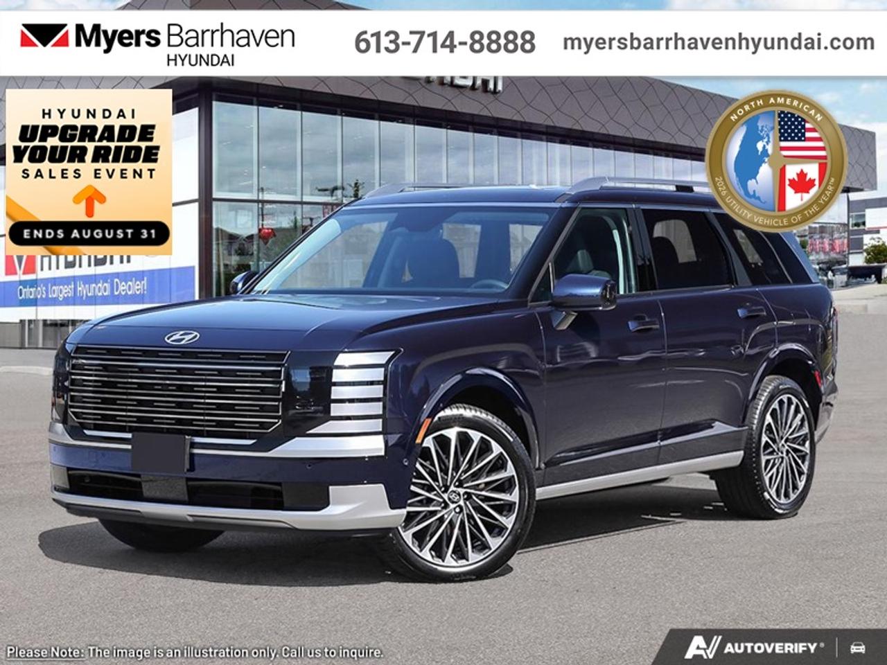 <b>Premium Audio,  360 Camera,  HUD,  Sunroof,  Navigation!</b><br> <br> With its impressive features list, awesome SUV capability, and luxury interior, this Palisade proves that good things take time.<br> <br>Big enough for your busy and active family, this Hyundai Palisade returns for 2026 , and is good as ever. With a features list that would fit in with the luxury SUV segment attached to a family friendly interior, this Palisade was made to take the SUV segment by storm. For the next classic SUV people are sure to talk about for years, look no further than this Hyundai Palisade.<br> <br>This Classy Blue SUV has an Automatic transmission and is powered by a 287HP 3.5L V6 Cylinder Engine. <br> <br> Our Palisades trim level is Ultimate Calligraphy. This SUV is crafted as a sanctuary of modern luxury, with quilted Nappa leather seating, genuine wood trim, a suede headliner, and indulgent features like heated, ventilated, and even relaxation seats with leg rests. Technology enhances every journey, from the 12.3 navigation display with Bose premium audio to the dual sunroofs, wireless smartphone integration, and hands-free smart liftgate. Safety is uncompromising, with innovations such as forward collision avoidance with pedestrian and cyclist detection, blind-spot and rear cross-traffic assist, a full aerial-view camera system, remote automatic parking, driver monitoring and a suite of airbags, ensuring confidence and peace of mind in every drive. This vehicle has been upgraded with the following features: Premium Audio, 360 Camera, HUD, Sunroof, Navigation, Cooled Seats, Heated Seats.<br><br> <br/><br> o~o