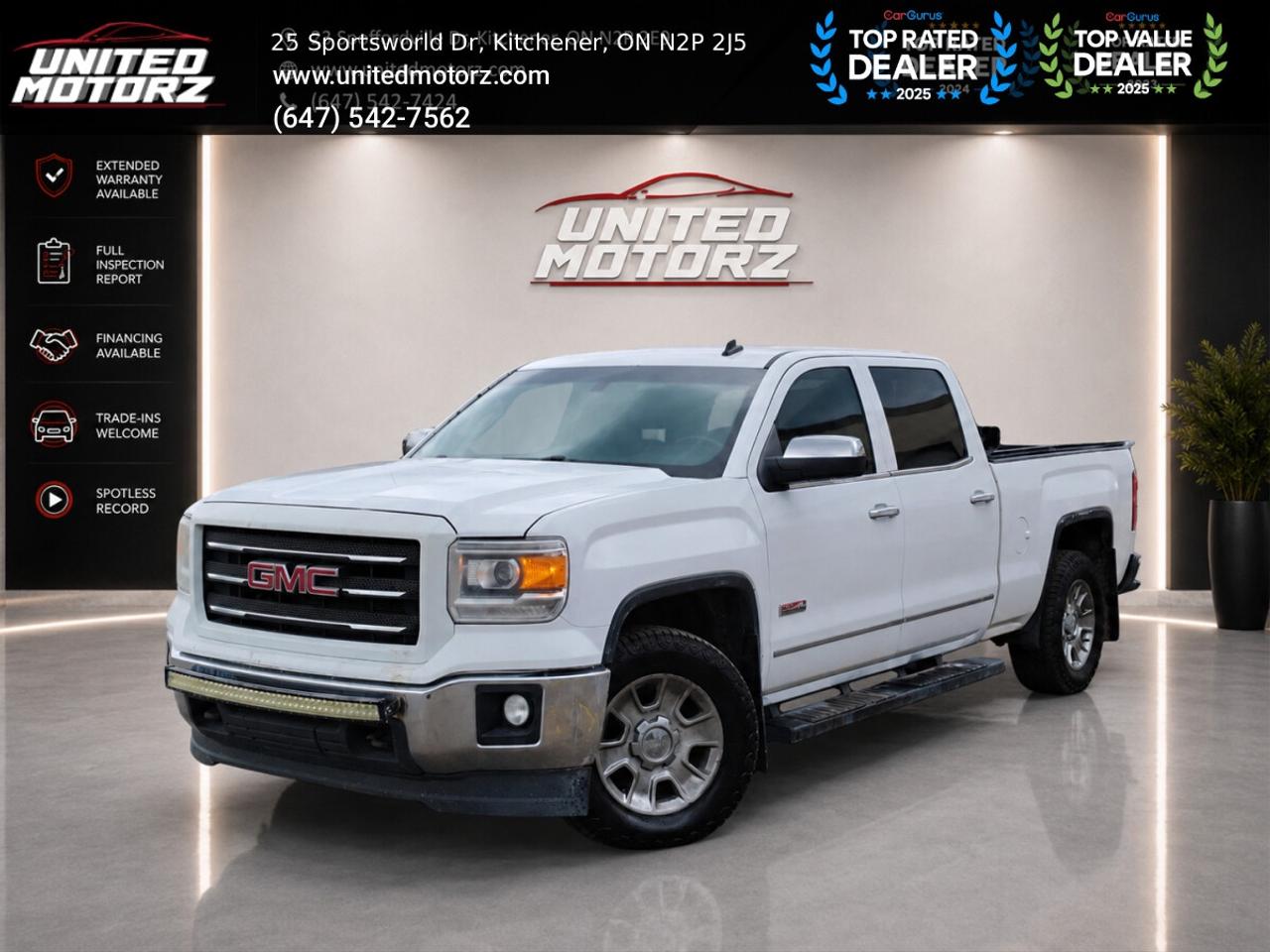 2014 GMC Sierra 1500 4*4 CrewCab Standard Box SLE All Terrian 5.3L V8 **SAFETY CERTIFIED*** <br/> The 2014 GMC Sierra 1500 SLE All Terrain Crew Cab 4x4 is a powerful and capable pickup built to handle both demanding jobs and everyday driving with ease. Equipped with a dependable 5.3L V8 engine and a smooth automatic transmission, it delivers impressive towing capability, confident 4x4 performance, and a comfortable ride. With its spacious Crew Cab, durable construction, and rugged All Terrain package, this Sierra is an excellent choice for work, recreation, or anyone looking for a reliable full-size truck. <br/> Key Features:- <br/> * Automatic transmission <br/> * Four-Wheel Drive <br/> * Carfax verifed <br/> * Keyless entry <br/> * Power windows <br/> * Power locks & mirrors <br/> * Power seats <br/> * Heated seats <br/> * Infotainment system <br/> * Backup camera <br/> * Phone connectivity <br/> * AM/FM <br/> * A/C <br/> * Cruise Control <br/> * Fog lamps <br/> * Alloy Wheels <br/> CARFAX AVAILABLE ON EVERY VEHICLE, TO VIEW CARFAX GO ON UNITEDMOTORZ.COM AND CLICK ON CARFAX LOGO ON OUR SITE TO VIEW IT FOR FREE!! <br/> ------------------------------------------------------------------------------------United Motorz  Kitcheners Used Car Superstore!Since 2017, United Motorz has been your trusted destination for quality pre-owned vehicles in the Kitchener-Waterloo area. With our convenient location and over 150+ cars, SUVs, and vans, we offer a huge selection to fit every lifestyle and budget. From sleek sedans to family SUVs, every vehicle is carefully inspected to ensure reliability and performance. <br/> Location: <br/> Kitchener: 25 Sportsworld Dr, N2P 2J5 <br/> ------------------------------------------------------------------------------------WHAT YOU GET : <br/> - SAFETY CERTIFIED (All certified vehicles go through 150 point inspection by reputable mechanics) <br/> - FREE OIL CHANGE <br/> - FREE CAR-FAX WITH EVERY CAR <br/> - FREE INTERIOR CLEANING <br/> $11950+hst+licensing <br/> UCDA member and OMVIC approved dealership, buy with confidence. <br/> To view more used cars you can visit us at www.unitedmotorz.com <br/> Contact : 6475427562 <br/> United Motorz <br/> www.unitedmotorz.com <br/> 25 Sportsworld Drive, Kitchener, ON. N2P2J5 <br/> ---------------------------------------------------------------------------------------- <br/>