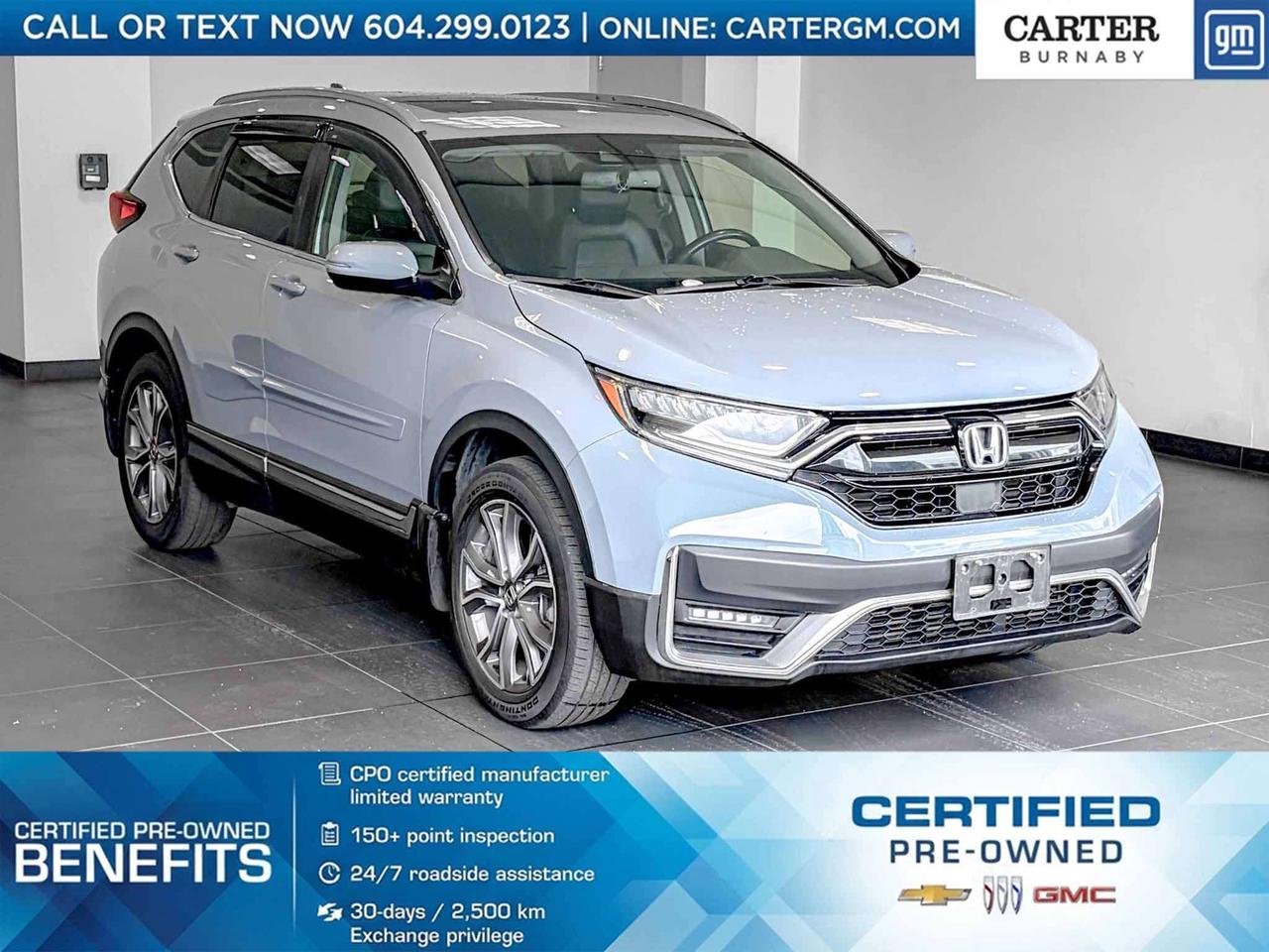 NO ACCIDENTS. Powered by a responsive 1.5L turbocharged engine with Real Time AWD, this 2020 Honda CR-V Touring delivers comfort, capability, and confidence with a panoramic moonroof, hands-free power tailgate, 19-inch alloy wheels, heated leather seats, a heated leather-wrapped steering wheel, dual-zone climate control, and a 12-way power drivers seat with memory. Advanced safety features include Collision Mitigation Braking, Forward Collision Warning, Lane Keeping Assist, Blind Spot Information with Rear Cross Traffic Monitor, and a multi-angle rearview camera. Come take it for a test drive today and experience all this stylish vehicle has to offer!

WHY CARTER GM BURNABY?

- An unrivalled vehicle purchasing experience!
- Exceeding our loyal customers expectations since 1963
- 4.5 Google star rating (with 2,300+ customer reviews)
- Cargurus Top-rated Dealer 2025 Award
- Cargurus Top Value Dealer 2025 Award
- 30-day / 2,500 km exchange privilege
- Peace of mind - 150-point vehicle inspection
- CARFAX - full vehicle service history - purchase with confidence!
- Vehicle trades welcome! Best price guaranteed!
- We provide upfront pricing, zero hidden fees, and 100% transparency
- Fast approvals and 99% acceptance rates (no matter your current credit status!)
- Multilingual staff (many languages spoken)
- Comfortable non-pressured environment with in-store television, WIFI and a childrens play area!
- In-store restaurant: fresh daily menu





Were here to help you drive the vehicle you want, the vehicle you deserve!
QUESTIONS? GREAT! WEVE GOT ANSWERS!
To speak with a friendly vehicle specialist - CALL NOW!
The advertised price includes all standard dealer fees and any applicable manufacturer or dealer incentives. It does not include applicable taxes, licensing, insurance, or optional products or services. Dealer fees will be clearly broken out and itemized on the bill of sale, maximum total of fees $595.00. Prices are shown in Canadian dollars. While we make every effort to ensure accuracy, vehicle details, pricing, options, and availability are subject to change without notice. Please confirm all information with dealership sales management before purchase. Dealer Code: 81129