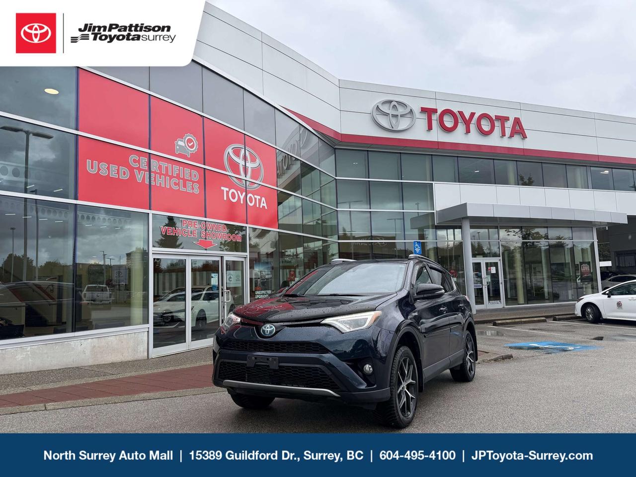 The 2017 Toyota RAV4 Hybrid SE combines a 194-horsepower 2.5L engine with standard AWD-i and an eCVT, offering efficient performance of 7.3 L/100 km City and 7.8 L/100 km Highway. The SE trim features a sport-tuned suspension, 18-inch wheels, SofTex seating, and 1,010 litres of cargo space.

Jim Pattison Toyota Surrey sells & services new & used Toyota vehicles throughout the Lower Mainland. Financing available OAC.  TEXT our sales team directly at (604) 265-9043

Price includes documentation fee ($595) and VSA transaction levy ($10). Finance placement fee ($495) if applicable, GST and PST are additional. D#6701