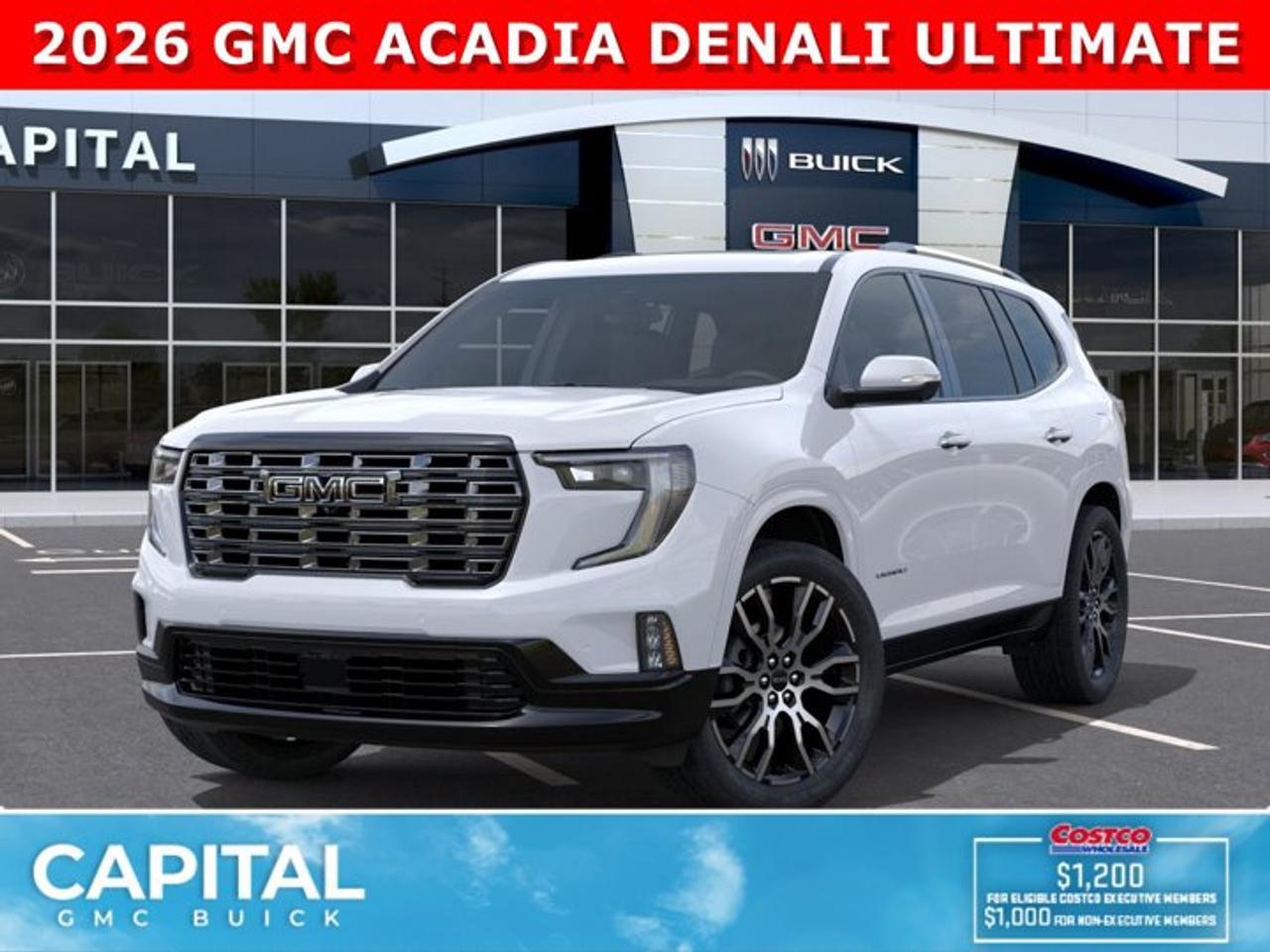 Take a look at this 2026 GMC Acadia Denali ULTIMATE! This limited production SUV comes equipped with every option including Massaging Seats, Vader Chrome, Exclusive Interior, SUPER CRUISE, 22 Inch Wheels, Rear Streaming Mirror, Cargo Liners and All-Weather Floor Liners, Heads-Up Display, 360 CAM, Heated and Cooled Seats, Heated Rear Seats, Panoramic Sunroof, Remote Start, A Massive 15 Inch touchscreen, and so much more! CALL NOW and Dont miss out...Ask for the Internet Department for more information or book your test drive today! Text 587-400-9276 for fast answers at your fingertips!AMVIC Licensed Dealer - Licence Number B1044900Disclaimer: All prices are plus taxes and include all cash credits and loyalties. See dealer for details. AMVIC Licensed Dealer # B1044900