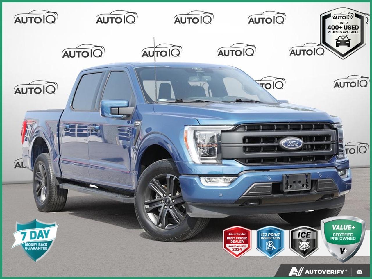 4WD, 4-Wheel Disc Brakes, 4x4 FX4 Off-Road Decal, 6 Bright Polished Running Board, 8 Speakers, ABS brakes, Accent-Colour Angular Step Bar, Air Conditioning, Alloy wheels, Auto High-beam Headlights, Auto Start-Stop Removal, Automatic temperature control, Block heater, Body-Colour Door Handles w/Body-Colour Bezel, Body-Colour Front & Rear Bumpers, Box Side Decal, Brake assist, Chrome 2-Bar & 1 Minor Bar Style Grille, Chrome Door Handles w/Body-Colour Bezel, Chrome Single-Tip Exhaust, Chrome Skull Caps on Exterior Mirrors, Class IV Trailer Hitch Receiver, Connected Built-In Navigation, Dark 2-Bar & 1 Minor Bar Style Grille, Delay-off headlights, Dual front impact airbags, Dual front side impact airbags, Electronic Stability Control, Emergency communication system: SYNC 4 911 Assist, Equipment Group 502A High, Evasive Steering Assist, Exterior Parking Camera Rear, Ford Co-Pilot360 Assist 2.0, Front anti-roll bar, Front Bucket Seats, Front dual zone A/C, Front fog lights, Front wheel independent suspension, Fully automatic headlights, FX4 Off-Road Package, Garage door transmitter, Heated front seats, Heated Rear Seats, Heated Steering Wheel, Hill Descent Control, Intelligent Adaptive Cruise Control w/Stop & Go, Intersection Assist, Lariat Chrome Appearance Package, Lariat Sport Appearance Package, Leather-Trimmed Bucket Seats, LED Projector w/Dynamic Bending Headlamps, Low tire pressure warning, Memory seat, Monotube Rear Shocks, Navigation system: Connected Navigation, Occupant sensing airbag, Off-Road Tuned Front Shock Absorbers, Onboard Scale w/Smart Hitch, Overhead airbag, Panic alarm, Pedal memory, Power driver seat, Power passenger seat, Power steering, Power Tilt/Telescoping Steering Column w/Memory, Power windows, Pro Trailer Backup Assist, Radio: B&O Sound System by Bang & Olufsen, Rain-Sensing Wipers, Rear window defroster, Remote keyless entry, Rock Crawl Mode, Security system, Speed control, Speed Sign Recognition, Speed-sensing steering, Split folding rear seat, Steering wheel mounted audio controls, SYNC 4 w/Enhanced Voice Recognition, Traction control, Turn signal indicator mirrors, Twin Panel Moonroof, Ventilated front seats, Wheels: 18 6-Spoke Machined-Aluminum, Wheels: 18 Chrome-Like PVD, Wireless Charging Pad.<br><br>Blue Metallic<br>2022 Ford F-150 Lariat<br>4D SuperCrew<br>3.5L V6 EcoBoost 10-Speed Automatic<br>4WD<p> </p>

<h4>VALUE+ CERTIFIED PRE-OWNED VEHICLE</h4>

<p>
- 36-point Provincial Safety Inspection<br>
- 172-point inspection combined mechanical, aesthetic, functional inspection including a vehicle report card<br>
- Warranty: 30 Days or 1500 KMS on mechanical safety-related items and extended plans are available<br>
- Complimentary CARFAX Vehicle History Report<br>
- 2X Provincial safety standard for tire tread depth<br>
- 2X Provincial safety standard for brake pad thickness<br>
- 7 Day Money Back Guarantee*<br>
- Market Value Report provided<br>
- Complimentary 3 months SIRIUS XM satellite radio subscription on equipped vehicles<br>
- Complimentary wash and vacuum<br>
- Vehicle scanned for open recall notifications from manufacturer
</p>

<p>SPECIAL NOTE: This vehicle is reserved for AutoIQs retail customers only. Please, No dealer calls. Errors & omissions excepted.</p>

<p>*As-traded, specialty or high-performance vehicles are excluded from the 7-Day Money Back Guarantee Program (including, but not limited to Ford Shelby, Ford mustang GT, Ford Raptor, Chevrolet Corvette, Camaro 2SS, Camaro ZL1, V-Series Cadillac, Dodge/Jeep SRT, Hyundai N Line, all electric models)</p>