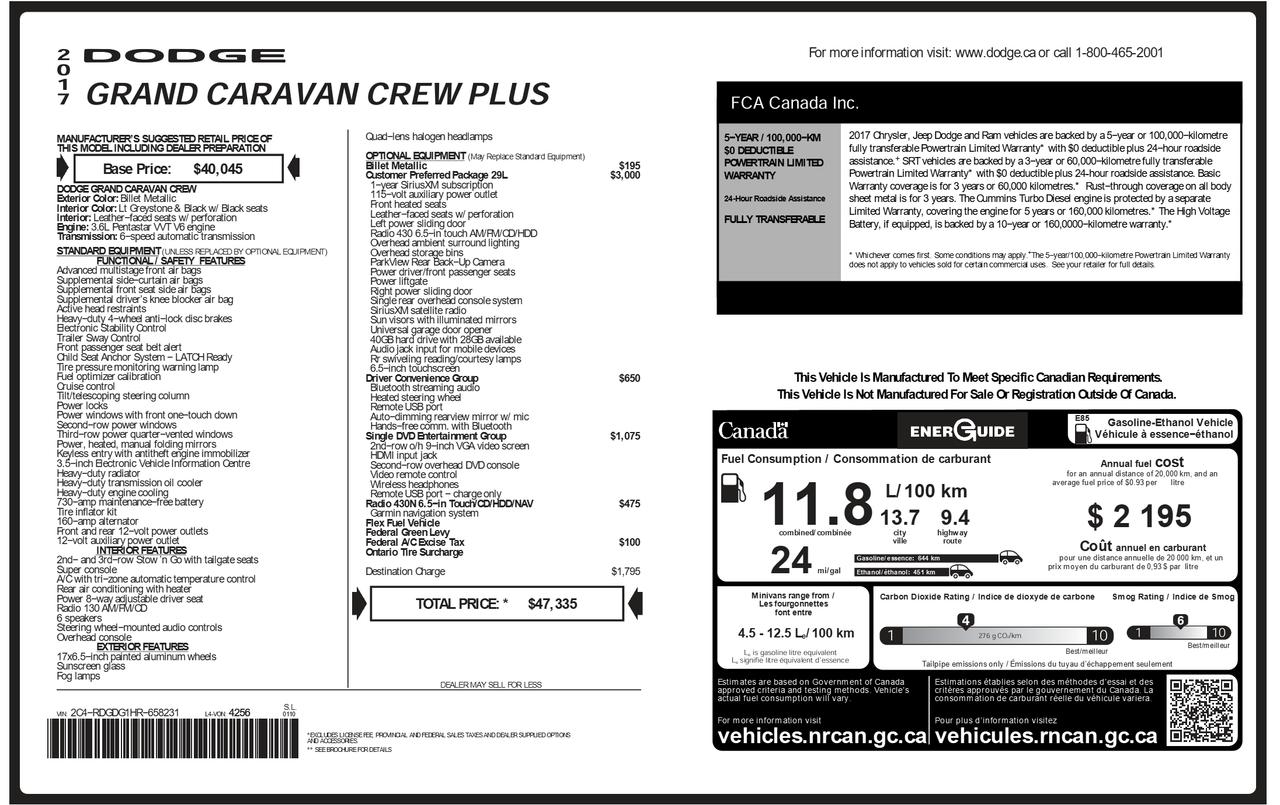 2017 Dodge Grand Caravan Crew Plus+Power Doors+DVD+New Tires+Brakes Photo