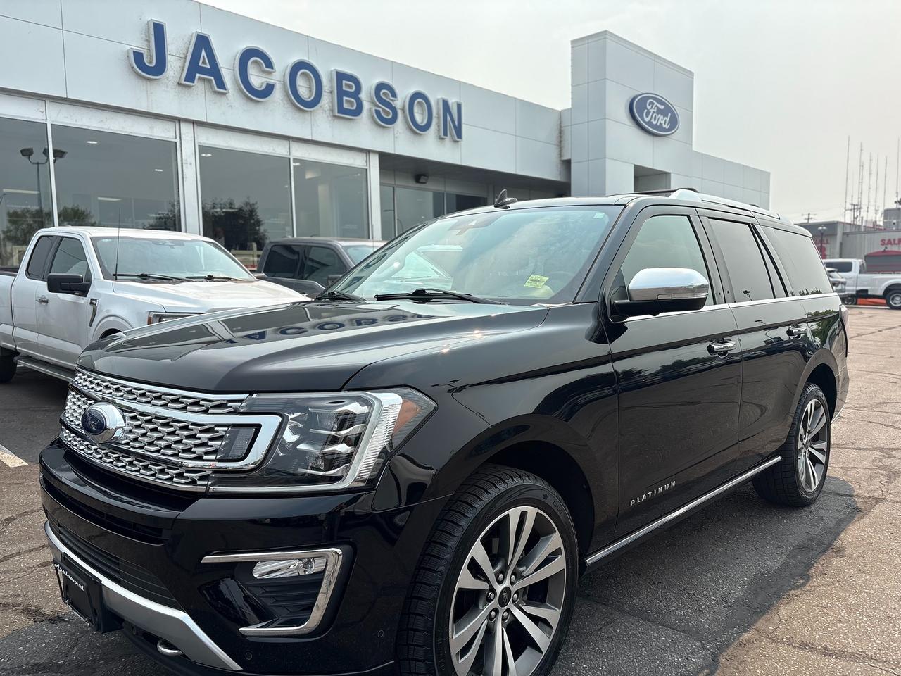<p>Step up to true luxury with this 2021 Ford Expedition Platinum, the ultimate full-size SUV for family and adventure alike. Wrapped in a sleek Black exterior, this top-tier Platinum trim rides on 4x4 with striking 22-inch wheels. With only 34,447 km, its in excellent condition and shows like new inside and out. Highlights include a panoramic sunroof, heated leather seats, navigation, and a punchy 3.5L V6 EcoBoost engine paired with Ford Co-Pilot360 safety tech. Visit Jacobson Ford today and take this Platinum Expedition for a test drive!</p>