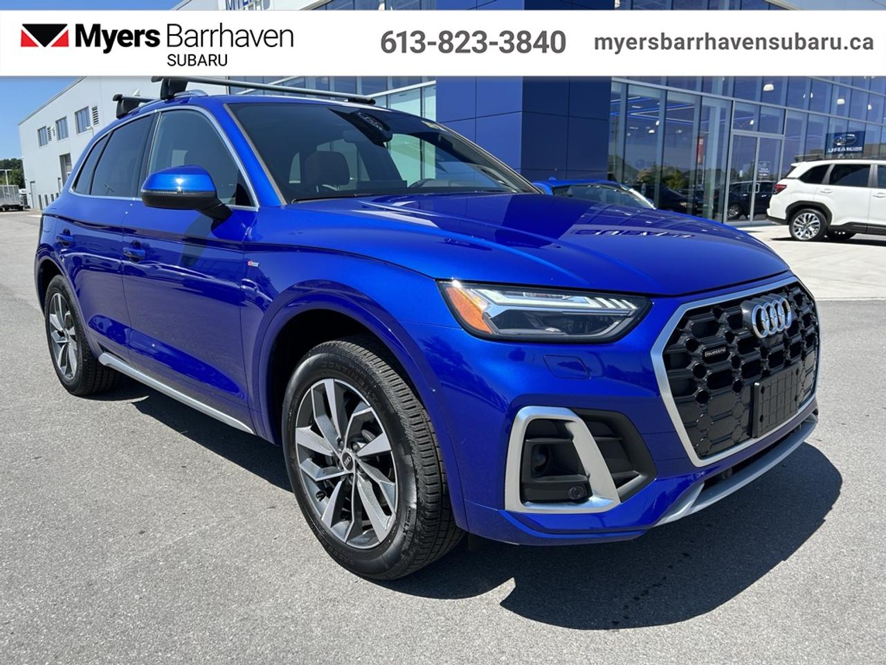 <b>Low Mileage, Leather Seats!</b><br> <br> Get lost in the endlessly comfortable and spacious interior of this 2023 Audi Q5. This 2023 Audi Q5 is fresh on our lot in Nepean.<br> <br>For luxury SUV buyers who are big on style and technology, this 2023 Audi Q5 is a handsome choice with plenty to like. This vehicle looks good, treats occupants right, and wont seem out of place at the valet stand. This Q5 applies the brands luxury pedigree to the compact-crossover template, and features an impeccably-built cabin with upscale features, impressive ergonomics, and a tranquil ride quality. Overall, this Audi Q5 promotes a stately image and delivers a posh driving experience.<br> <br>This low mileage SUV has just 33,904 km. Its Ultra Blue Meta in colour and is completely accident free based on the <a href=https://vhr.carfax.ca/?id=bn3LawYjVU3xp63t9rLmAolRfmZ82Mvz target=_blank>CARFAX Report</a>. It has an Automatic transmission and is powered by a 261HP 2.0L 4 Cylinder Engine. <br> <br> Our Q5s trim level is Technik 45 TFSI quattro. This Technik trim adds a lot of luxury and tech with a heated and cooled front cupholder, lane keep assist, distance pacing with traffic stop and go, an aerial view camera, a dual row sunroof, navigation, a heated leather steering wheel, driver memory settings, aluminum interior trim, automatic high beams, and front and rear parking sensors. This SUV is more than a simple family vehicle with luxury features like heated leather bucket seats with contrast stitching, a leather steering wheel, proximity key with push button start, proximity cargo access, and voice activated LCD touchscreen infotainment with wireless Apple CarPlay. The style continues on the exterior with a dual tailpipe, aluminum alloy wheels, programmable LED lighting, fog lamps, and perimeter lights. Drive in confident safety with lane departure warning, blind spot monitor, and a back up camera. This vehicle has been upgraded with the following features: Leather Seats.<br> <br>To apply right now for financing use this link: <a href=https://www.myersbarrhavensubaru.ca/quick-approval/ target=_blank>https://www.myersbarrhavensubaru.ca/quick-approval/</a><br> <br/>Buy this vehicle now for the lowest bi-weekly payment of <b>$276.71</b> with $0 down for 96 months @ 8.99% APR O.A.C. ( Plus applicable taxes - Plus applicable fees ). See dealer for details. <br><br><br> The Myers name has been synonymous with first-rate automotive service and products for over 80 years in Ottawa; we are happy to welcome you here to <b> Myers Barrhaven Subaru </b> the unbeatable Subaru dealer in Ottawa and the National Capital Region. Serving drivers as the premier Subaru dealership near Kanata, Orléans, Gatineau, QC and Vanier region, we offer a wide range of new and used offerings from Subaru. If youre in the market for a full range of Subaru cars and Subaru SUVs for sale in Ottawa. </br> o~o